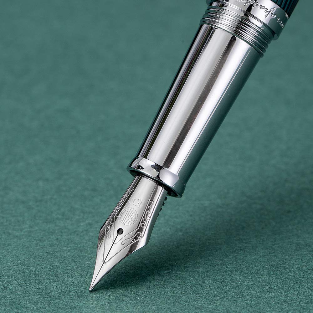 HongDian White Wave Stainless Steel Fountain Pen with Iridium Extra Fine Nib - Classic Writing Pen Includes Metal Case & Ink Converter - Perfect for Journaling, Calligraphy, and Office Use