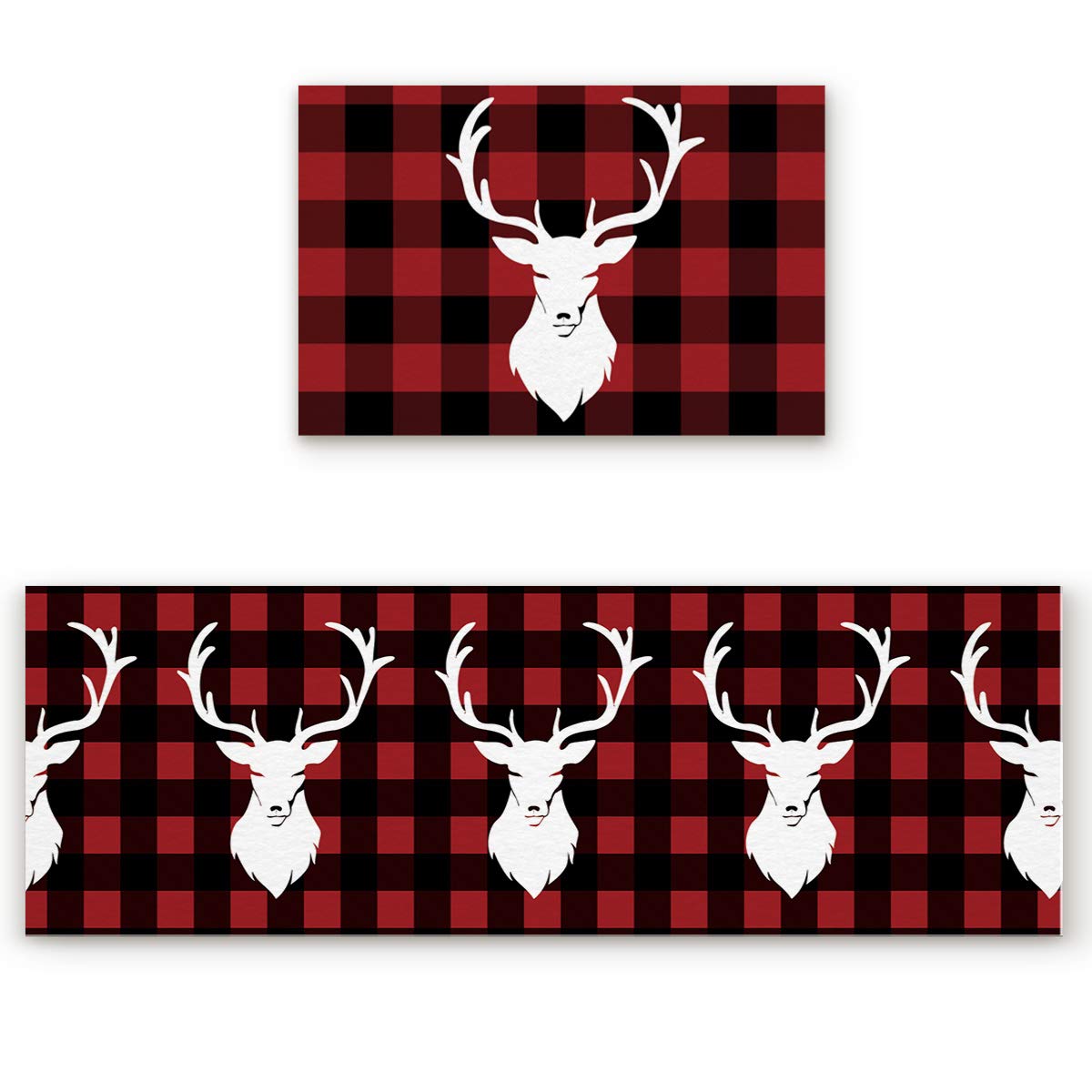 LooPoP Farm Elk Red Plaid Anti-Fatigue Kitchen Mats - 2-Piece Non-Slip Washable Floor Cushion Set for Christmas Decor | Perfect for Kitchens, Entryways & Holiday Home Decor