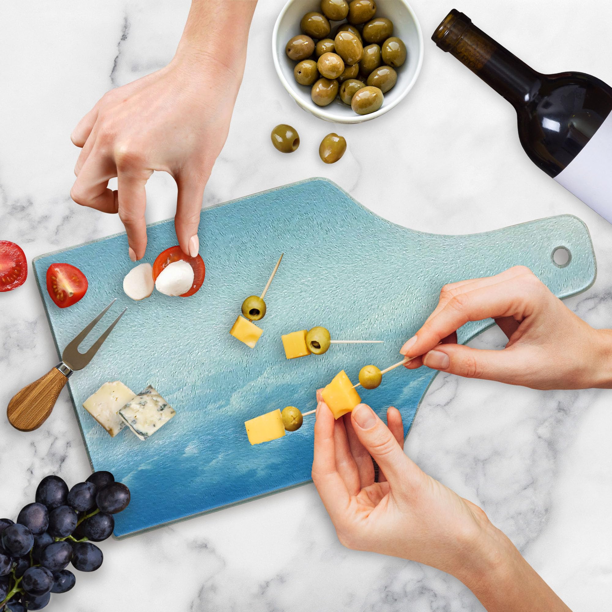 Ambesonne Clouds Tempered Glass Cutting Board - Wine Bottle Shape, Blue & White Design for Kitchen & Serving - Perfect for Cheese, Charcuterie & Entertaining