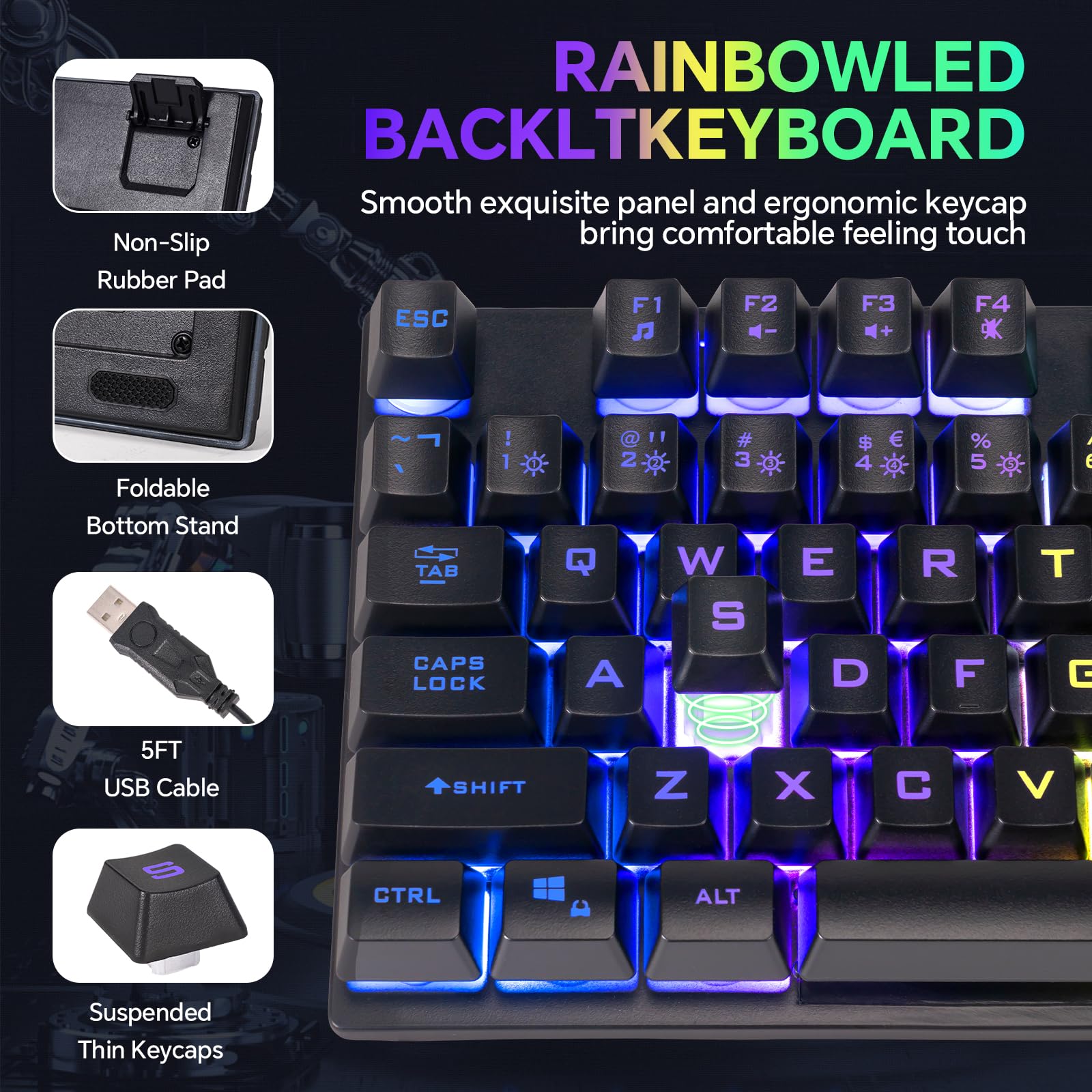 RGB Backlit Gaming Keyboard, Mouse, Mousepad & Headset Combo - Wired USB Gamer Bundle with Mic | Compatible with PC, Windows, Xbox One, PS4, PS5 (Black) | Perfect for Esports, Streaming & Competitive Gaming