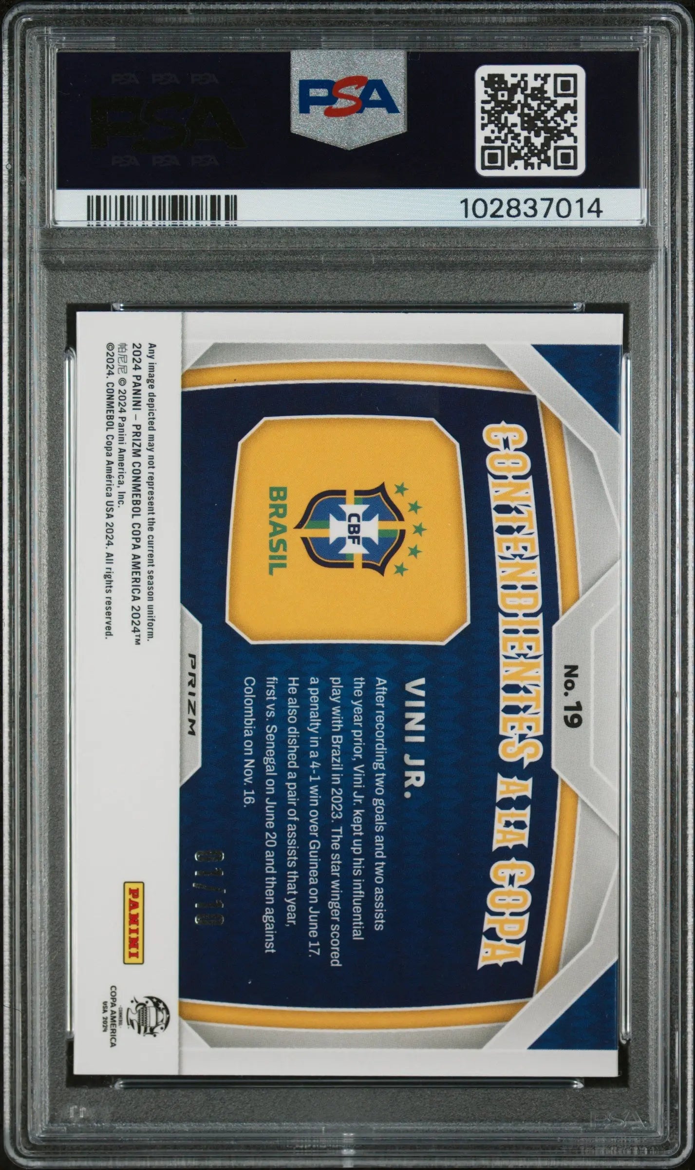 2024 Panini Prizm Copa America Contenders Vinicius Jr Gold Prizm PSA 10 1/10 - Rare Soccer Trading Card for Collectors & Investors