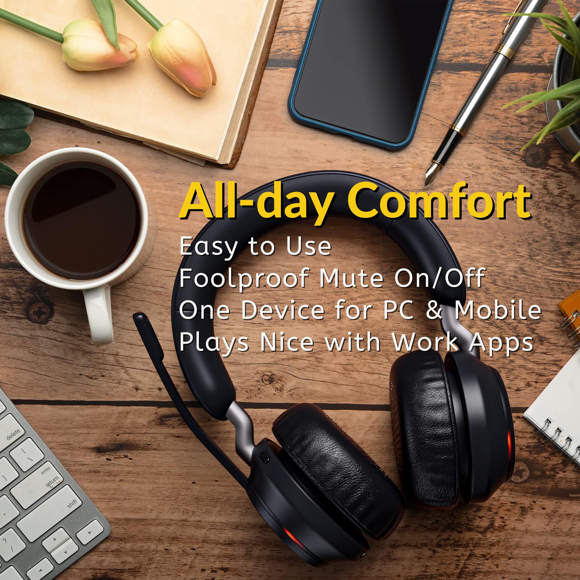 Jabra Evolve2 65 UC Wireless Bluetooth Headset with Noise-Canceling Mic - USB Dongle & Stand Included for Zoom, Webex, Teams | Crystal Clear Calls | Global Teck Gold Support Bundle | Perfect for Home Office & Remote Work Meetings
