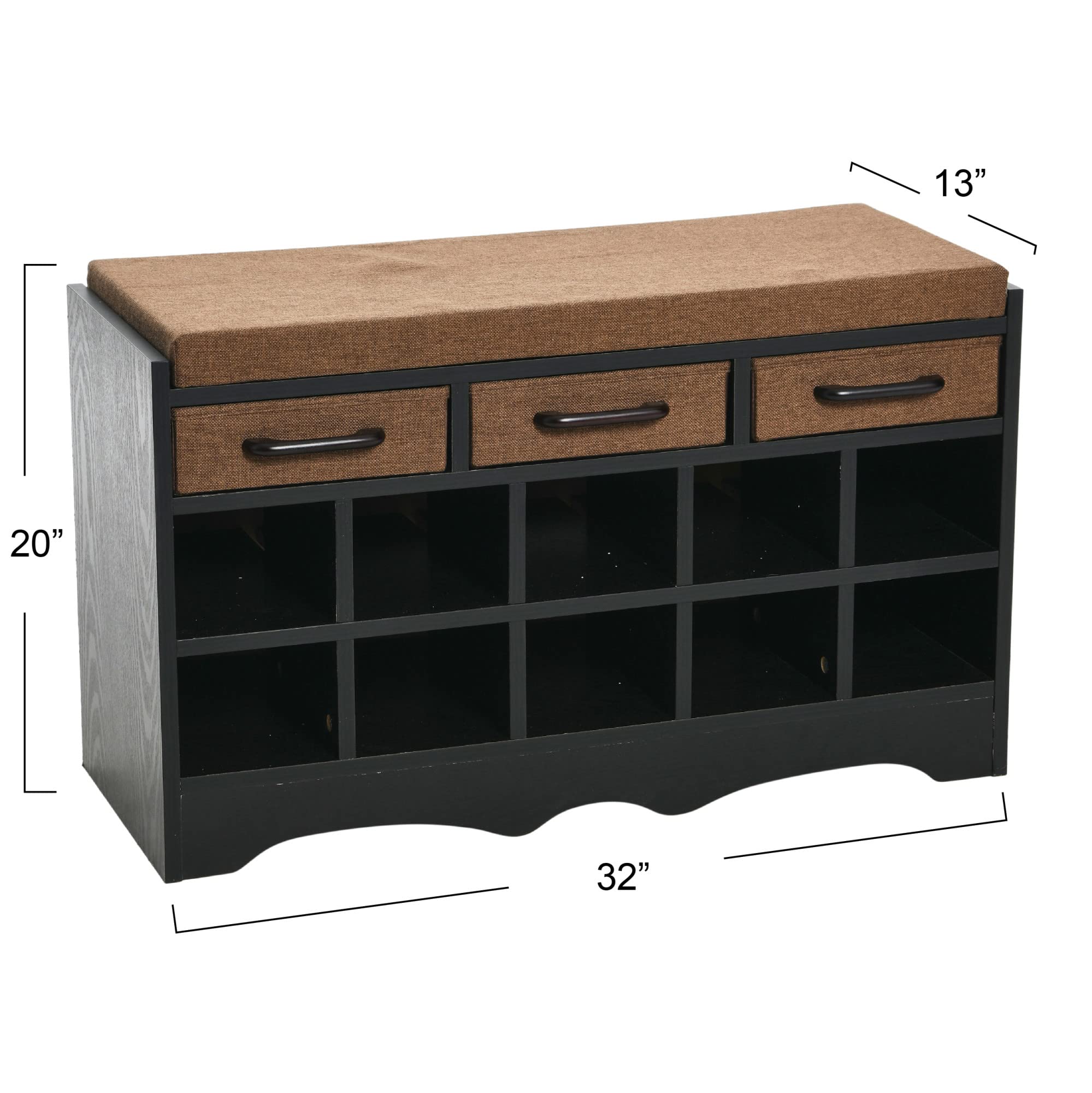 Black Oak Wood Grain Entryway Storage Bench with 3 Drawers & 10 Shoe Compartments - Cushioned Seat for Hallway Organization | Perfect for Small Spaces, Mudrooms & Shoe Storage