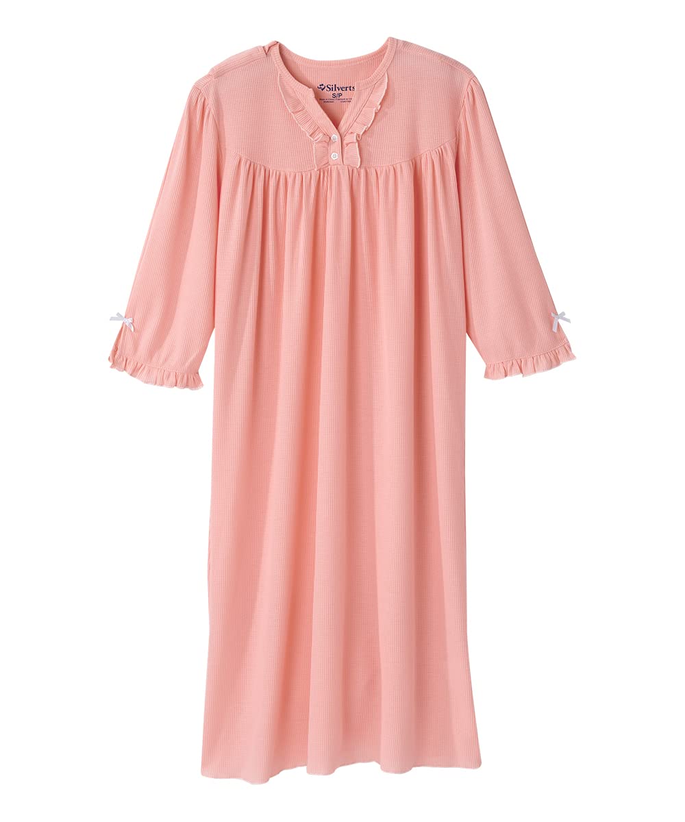 Women's Open Back Adaptive Waffle Knit Nightgown - Comfortable Hospital Gown for Seniors with Decorative Bows | Easy Wear for Post-Surgery, Elderly Care & Home Recovery