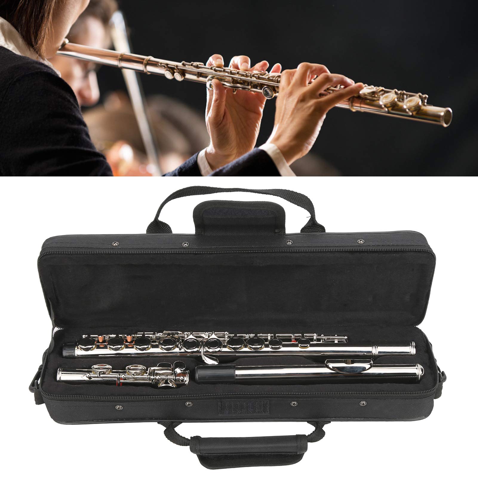 16 Hole C Key Flute - Closed Hole Brass Flute for Beginners with Storage Bag & Cleaning Stick (Silver) | Enhanced Tube Resonance for Clear Sound | Perfect for School Bands, Music Lessons & Home Practice