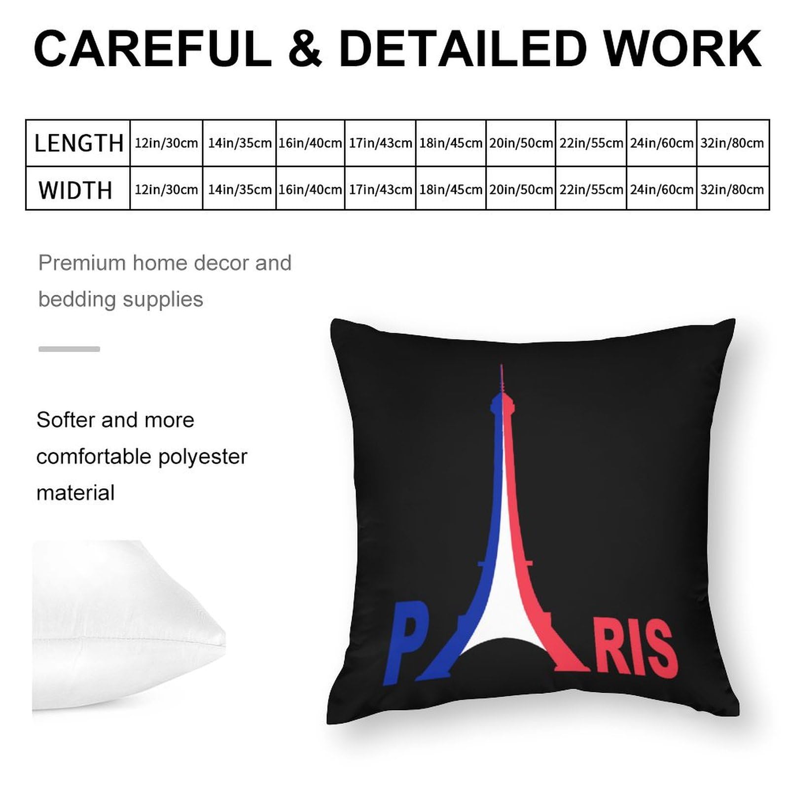 France Flag Eiffel Tower Pillow Cover - Soft Polyester Cushion Case 20x20 Inches for Sofa, Bed, Living Room Decor - Perfect for Home, Office & Travel