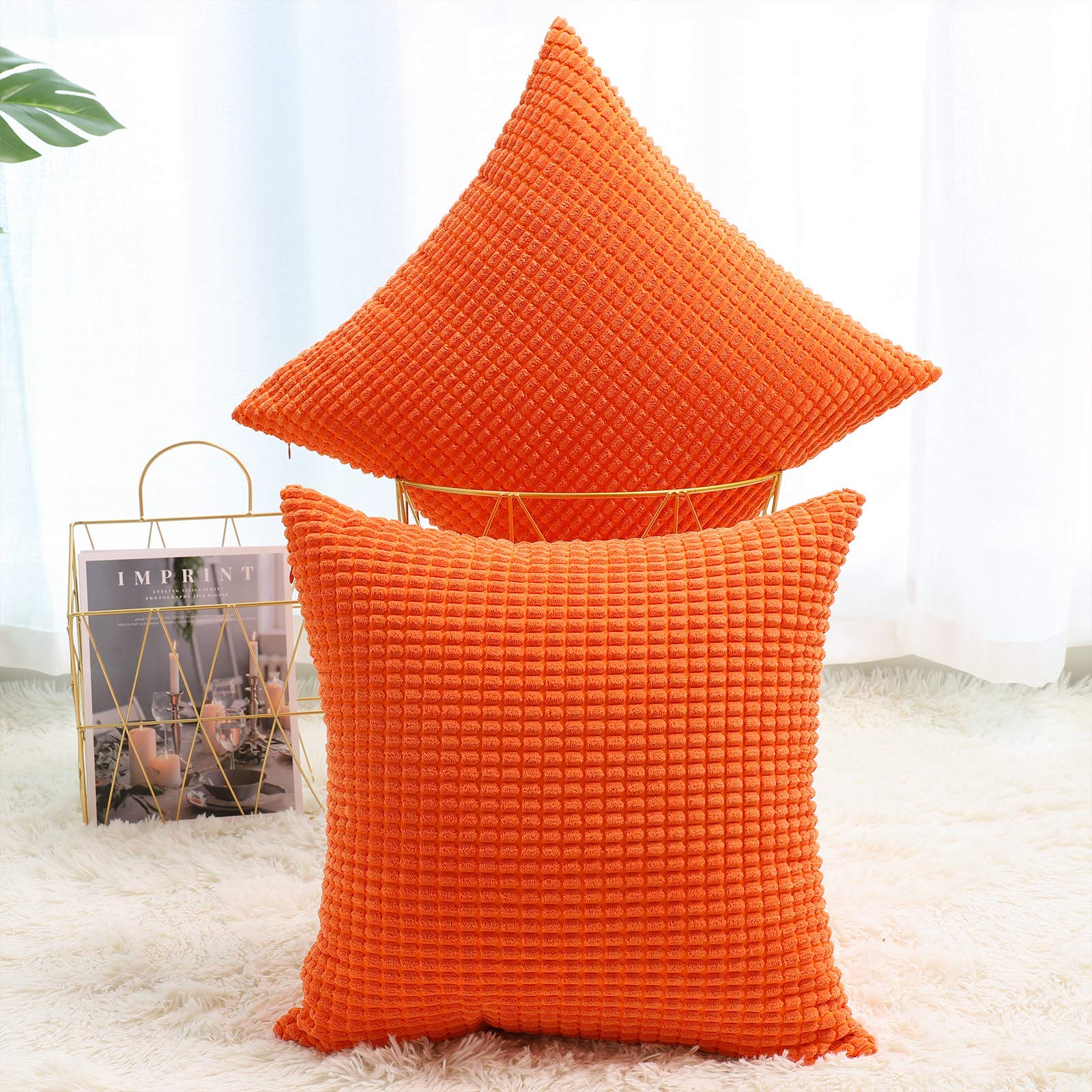 BeBen 22x22 Inch Corduroy Throw Pillow Covers Set of 2 - Soft Decorative Cushion Covers for Couch, Sofa, Bed & Home Decor (Bright Orange) - Perfect for Living Room, Bedroom & Car Interior Accessories