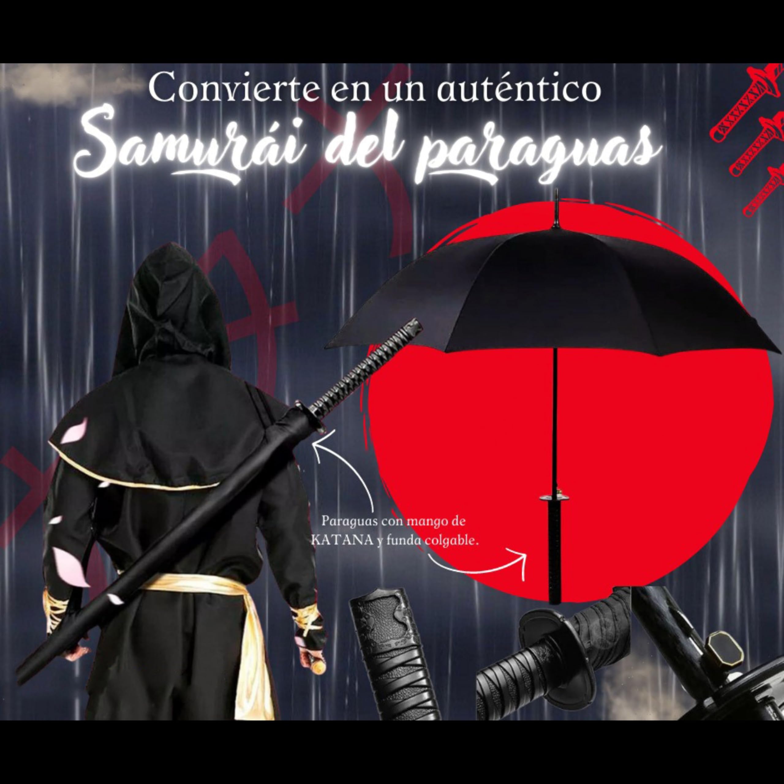 Katana Sword Umbrella - Japanese Samurai Style Windproof Semi-Automatic Umbrella with 24 Ribs - Perfect for Cosplay, Anime Conventions & Unique Birthday Gifts