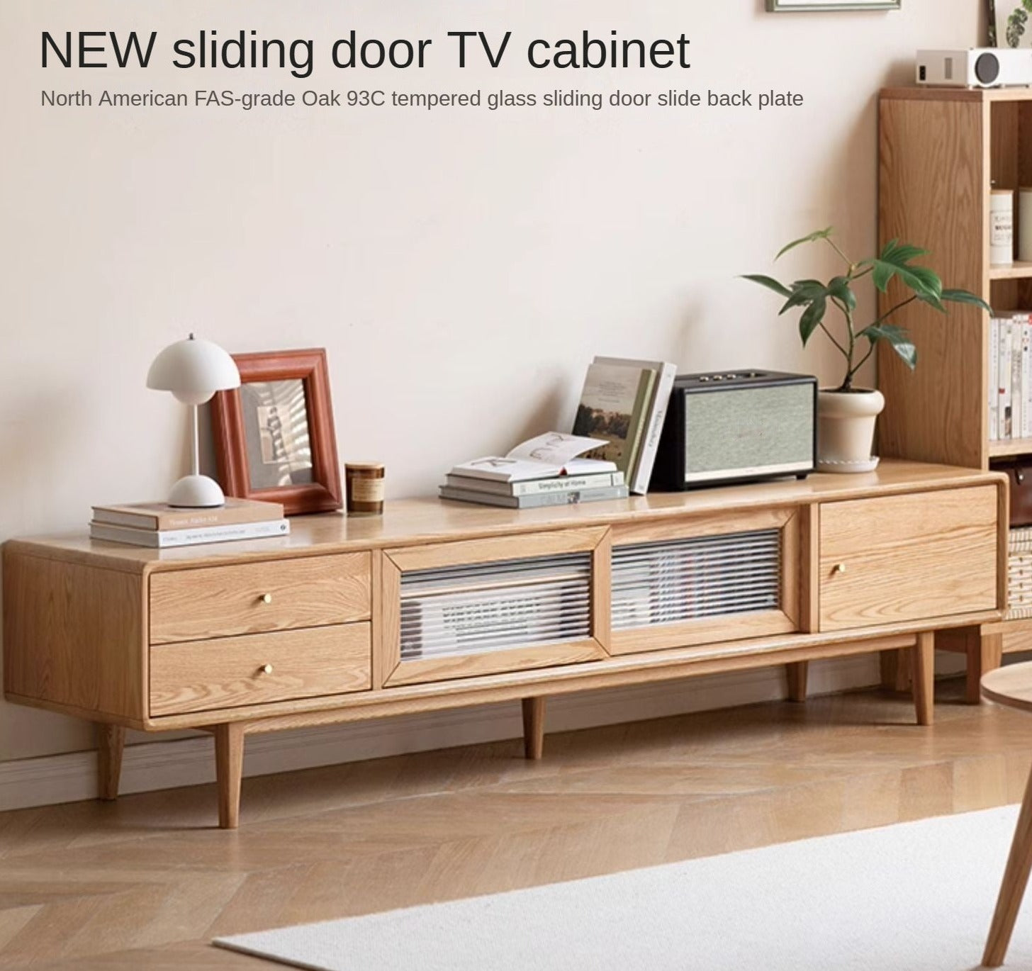 Solid Oak Wood TV Stand with Sliding Doors - Modern Entertainment Center for Living Room, Bedroom & Home Theater