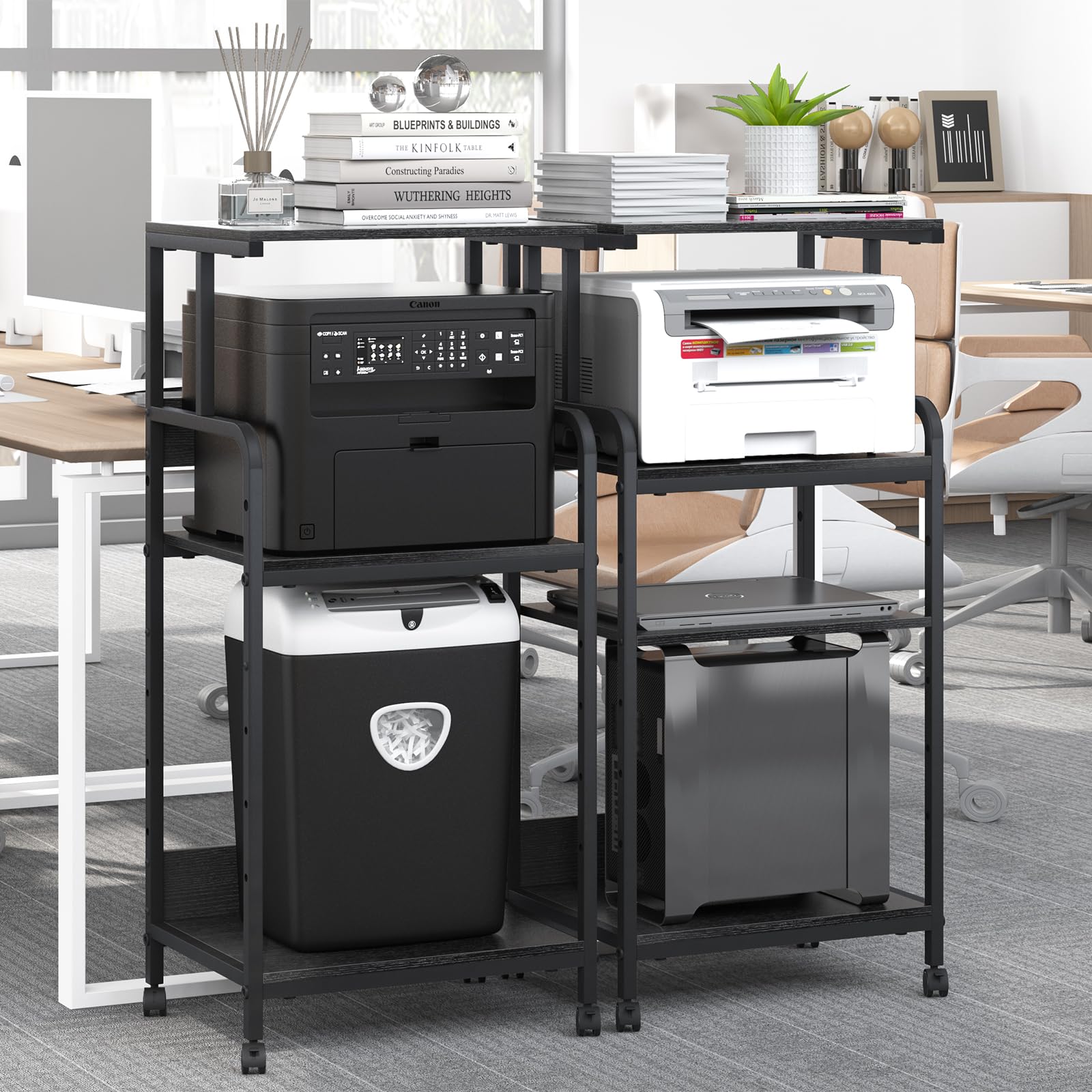 4 Tier Printer Stand with Storage Shelf - Large Mobile Printer Cart with Wheels for Home Office - Adjustable Printer Table for Heat Press, Scanner & Fax - Black (Perfect for Small Spaces & Office Organization)