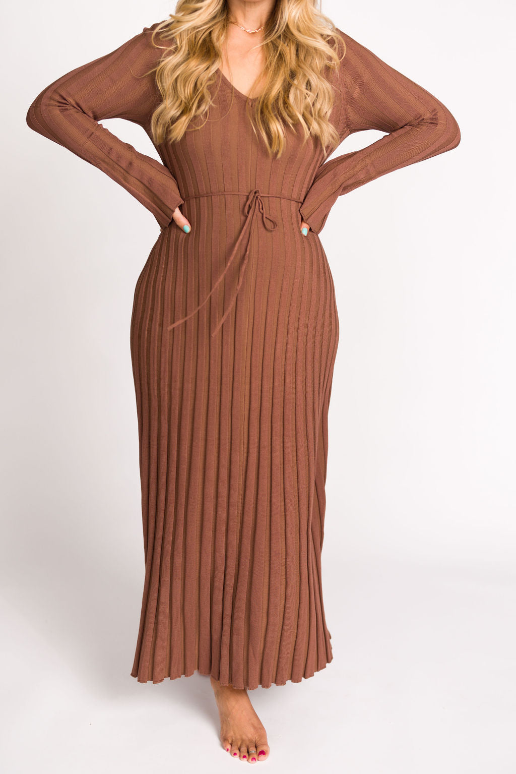 Hadley Long Sleeve V Neck Knit Maxi Dress in Cocoa - Women's Elegant Casual Maxi Dress for Fall & Winter | Perfect for Office, Date Night & Holiday Parties