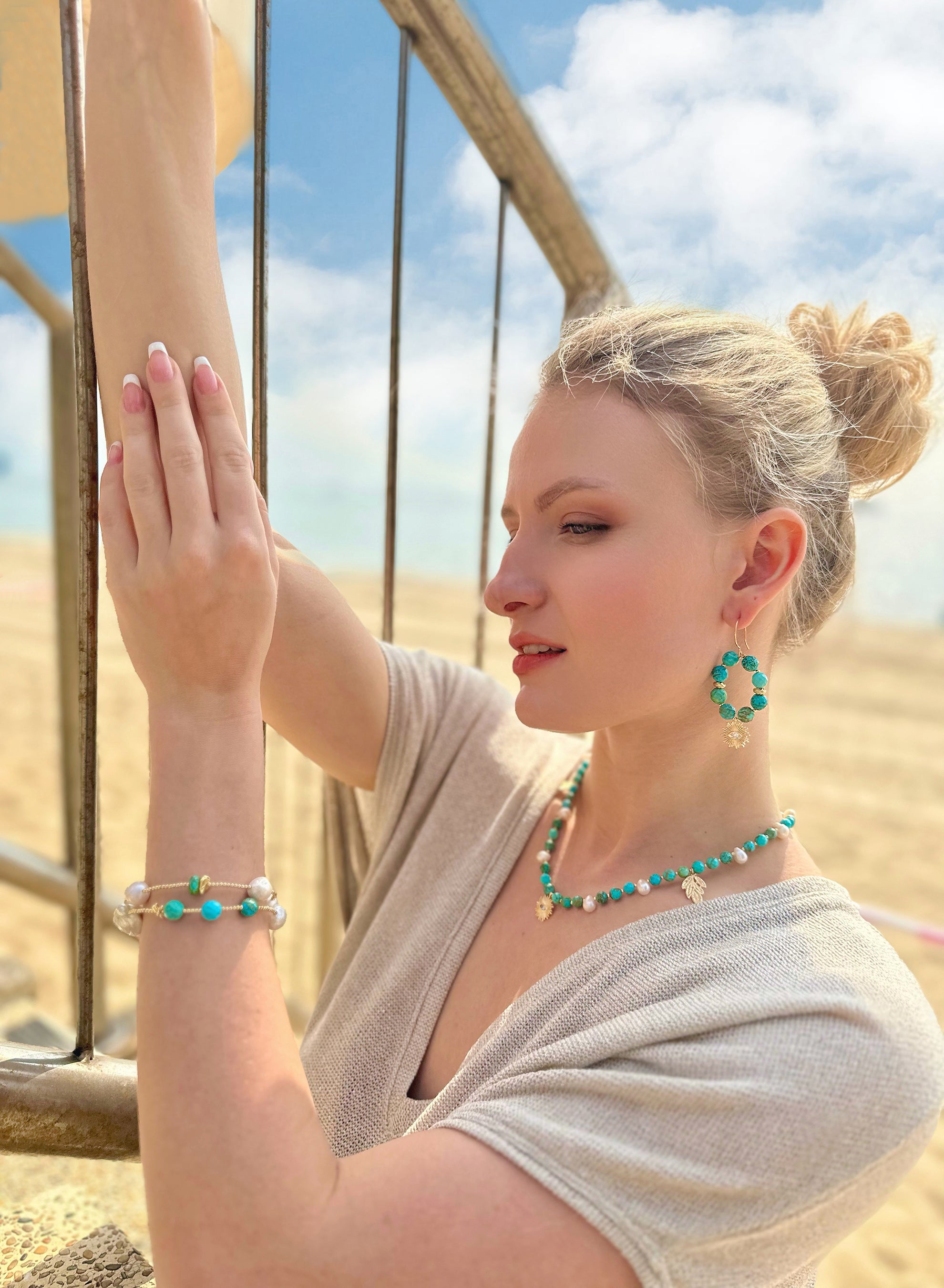 Exquisite Baroque Pearls & Turquoise Double Layer Bracelet & Choker JB019 - Elegant Boho Jewelry for Women, Perfect for Weddings, Parties & Special Occasions