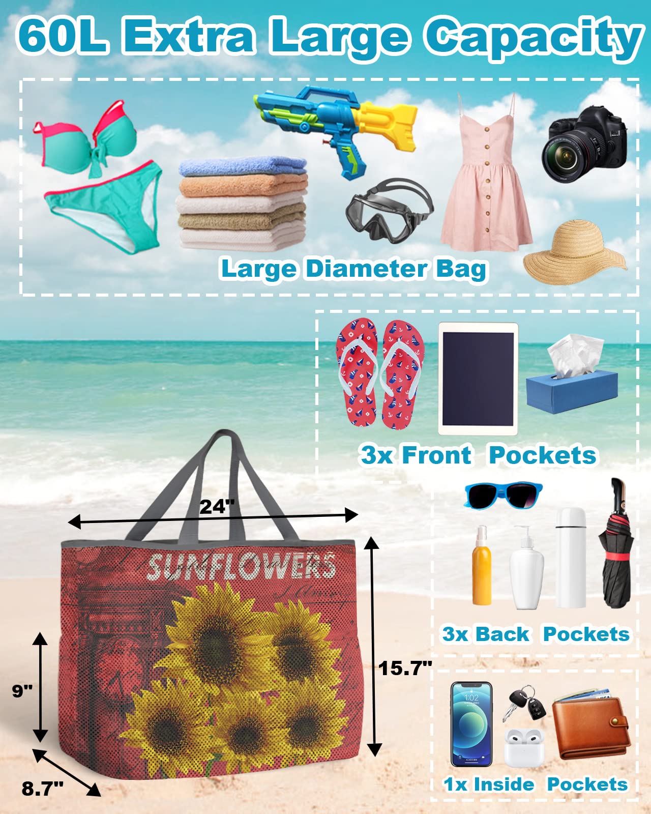 Waterproof Extra Large Mesh Beach Tote Bag with 8 Pockets - Sunflower Print Swim Bag for Women, Perfect for Pool, Beach Vacation & Summer Travel Accessories
