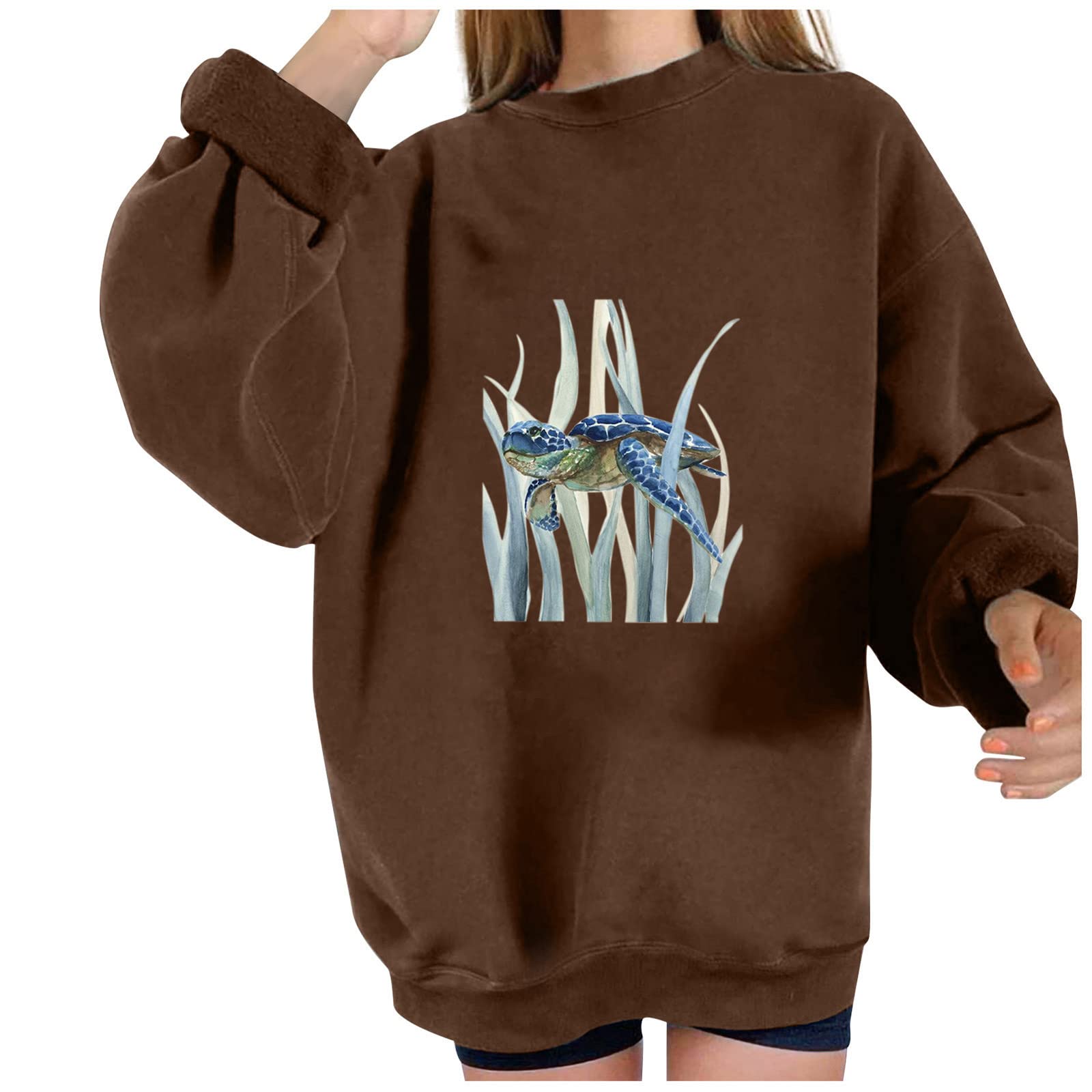 Trendy Vintage Fall Graphic Sweaters for Women - Cozy Oversized Turtle Print Long Sleeve Pullover Crewneck Sweatshirt | Perfect for Autumn Outfits, Casual Wear & Cozy Loungewear