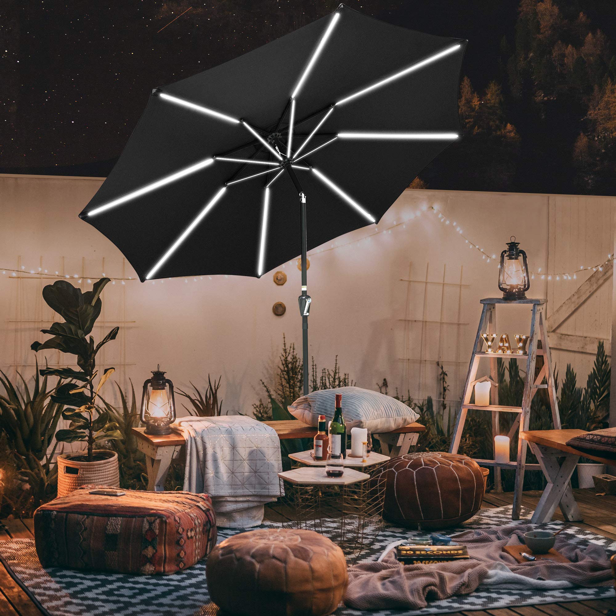 Yescom 10FT Solar Powered LED Light Bar Patio Umbrella with Tilt Crank - Aluminum Market Umbrella for Backyard, Pool Deck, Cafe & Garden - Weatherproof Outdoor Lighting for Nighttime Use