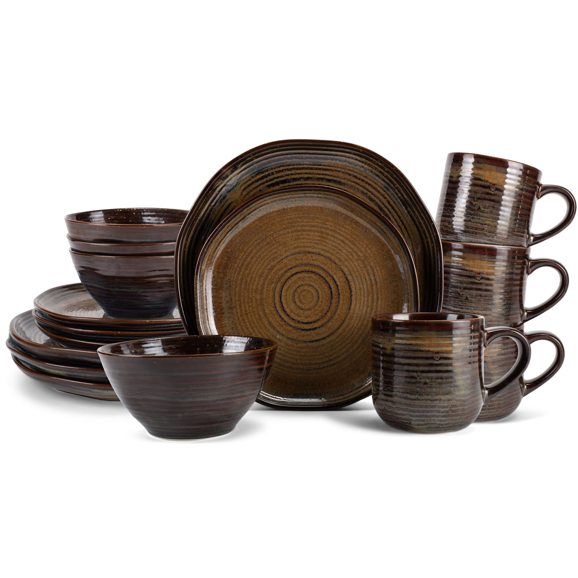 Elanze Designs 16-Piece Reactive Ceramic Dinnerware Set - Service for 4, Cascade Brown | Durable Stoneware Plates, Bowls & Mugs | Perfect for Family Dinners, Entertaining Guests & Restaurant-Style Dining
