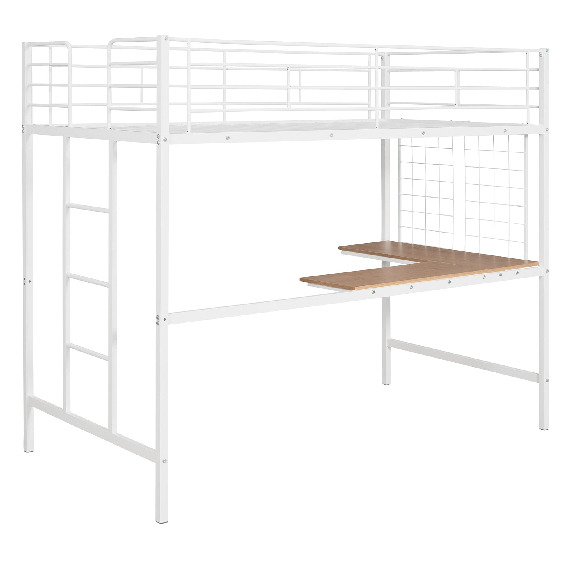 Harper & Bright Designs Twin Size Metal Loft Bed with L-Shape Desk - Space Saving Loft Bed Frame with Study Area for Kids & Teens - Sturdy Metal Grid Design - Perfect for Small Bedrooms & Dorm Rooms (White)