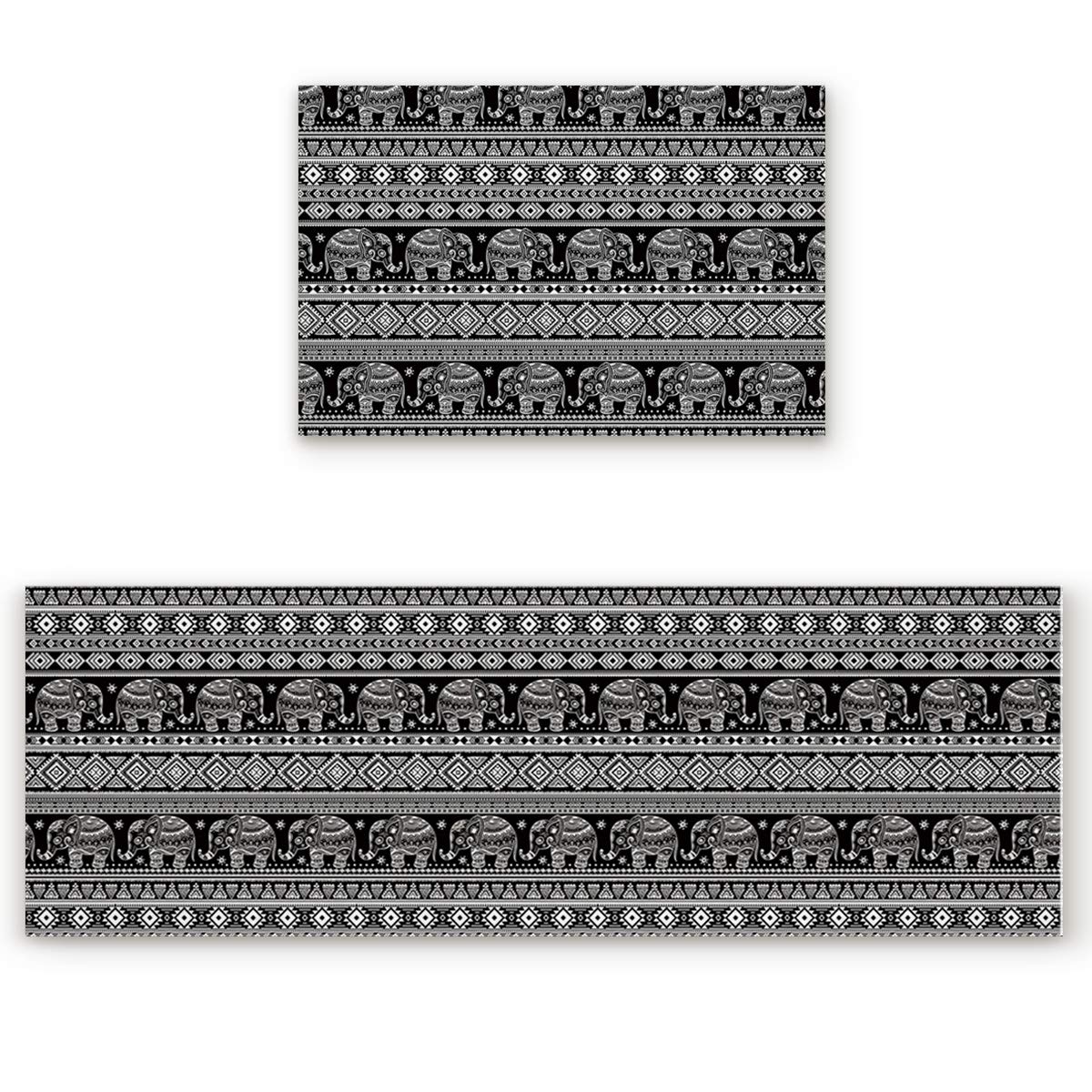 Vintage Boho Elephant Non-Slip Kitchen Rugs Set (20x32inch + 20x63inch) - Anti-Fatigue Floor Mats for Kitchen Sink, Laundry & Bathroom - Black & White 2-Piece Kitchen Mats for Comfort & Style