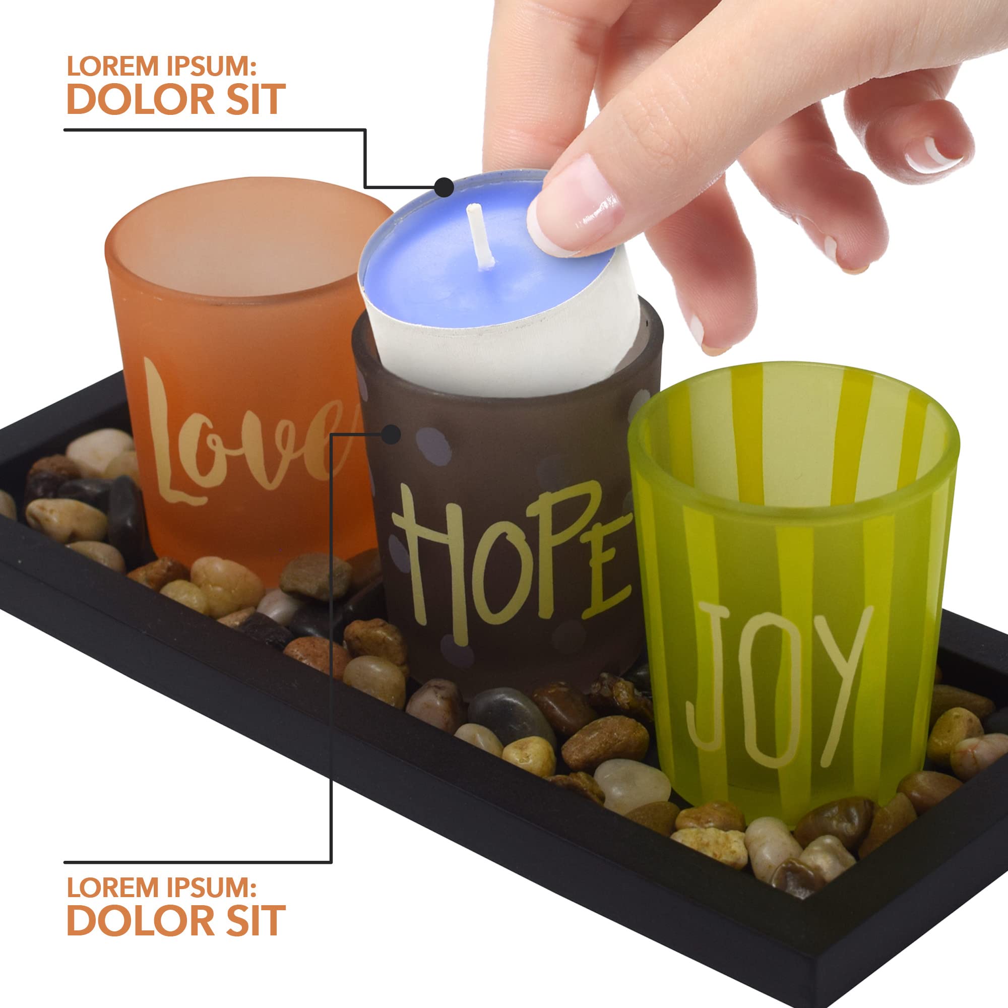 Exultimate Tealight Candle Holders Set - Elegant Mahogany Tray with River Rocks for Home Decor, Wedding Centerpieces & Romantic Ambiance