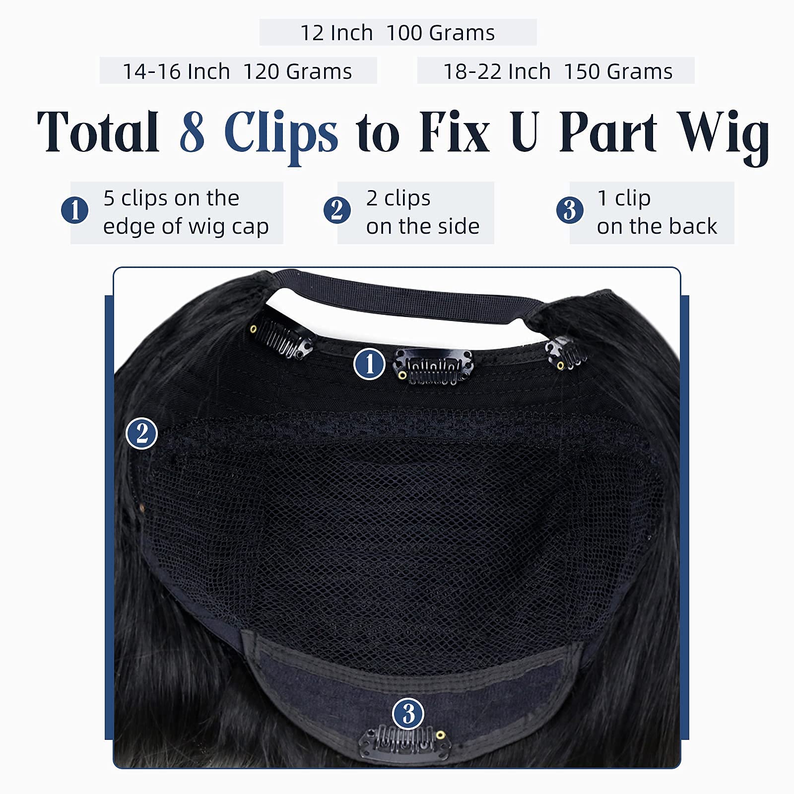 Full Shine U Part Human Hair Wig 20 Inch - Jet Black Straight Remy Hair Half Wig (150g) | Invisible Hair Extensions for Everyday Wear, Parties & Special Occasions