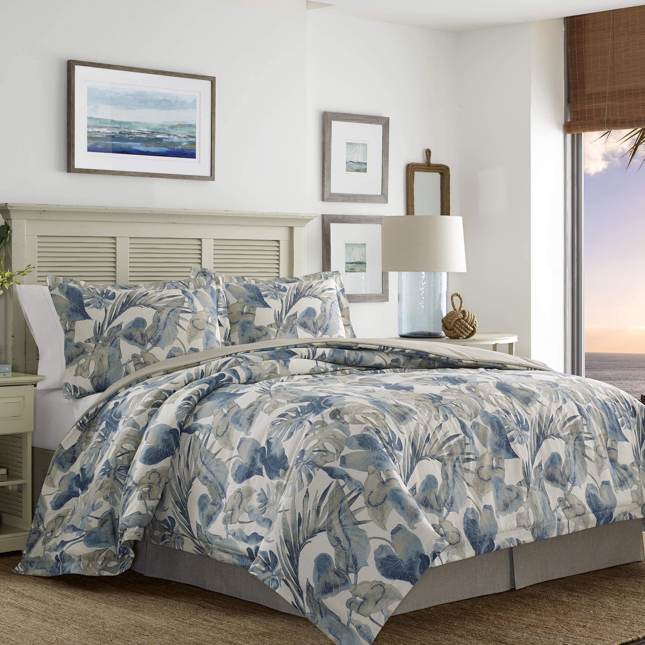 Tommy Bahama Queen Comforter Set - 100% Cotton Reversible Bedding with Matching Shams & Bedskirt | Ultra Soft Luxury Bedding for Master Bedroom (Raw Coast Blue, Queen Size) | Perfect for Coastal & Beach House Decor