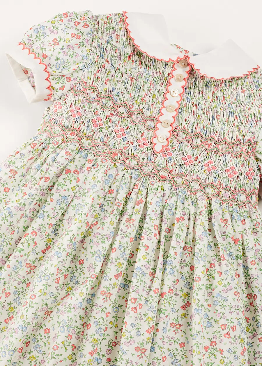 **Liberty Fabric Floral Hand Smocked Short Sleeve Dress for Girls - Cordelia Pink (12m-6yrs) | Perfect for Spring Outfits, Parties & Special Occasions**