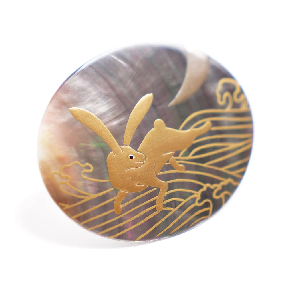Handcrafted Japanese Maki-e Urushi Lacquer Brooch with Black Lip Oyster Pearl Shell & Rabbit Design - Traditional Artisan Jewelry for Women | Perfect for Formal Occasions, Gift Giving & Cultural Fashion Statements