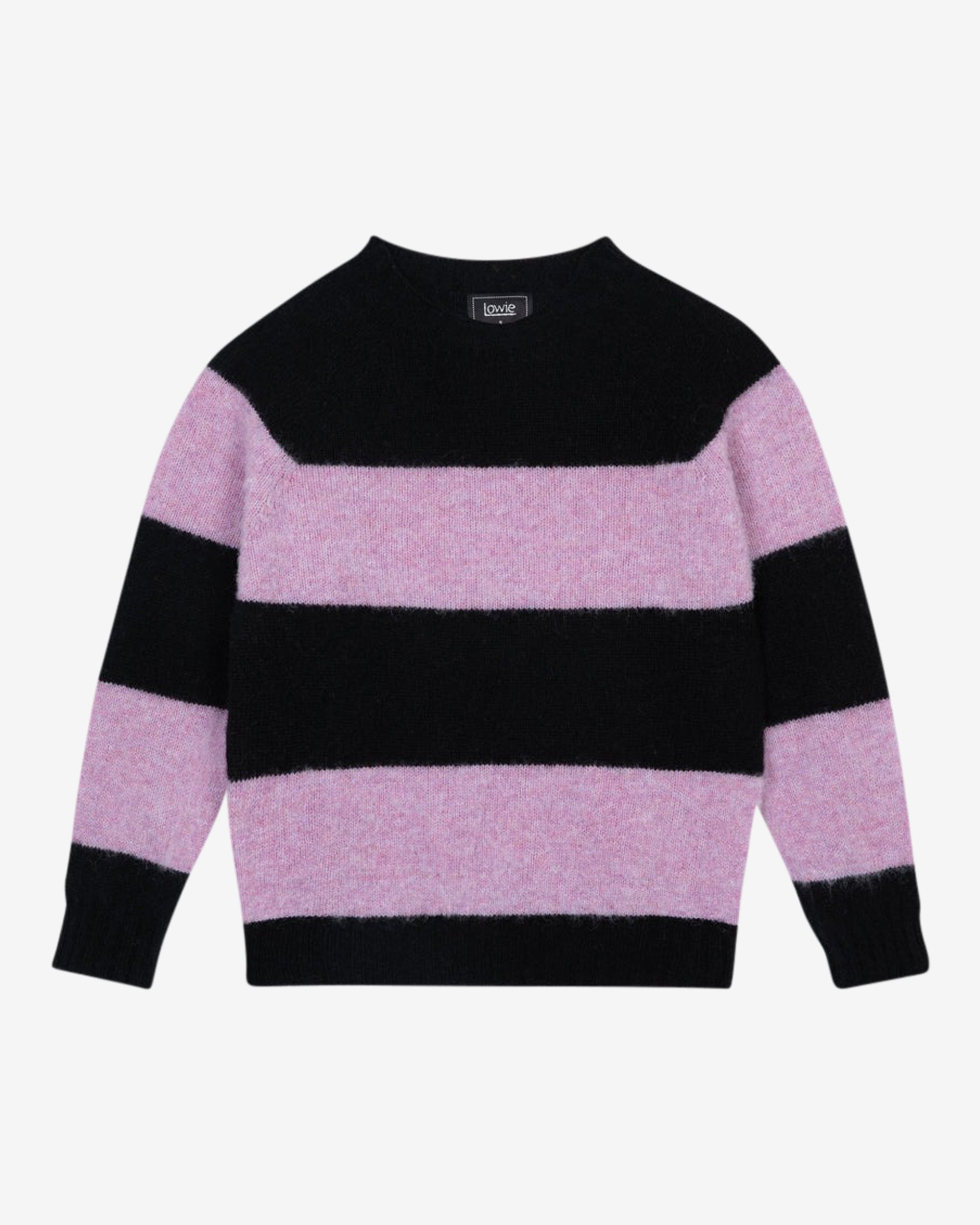 Lowie Black and Lilac Striped Scottish Wool Jumper - Cozy Knit Sweater for Women, Perfect for Winter Fashion and Casual Outfits