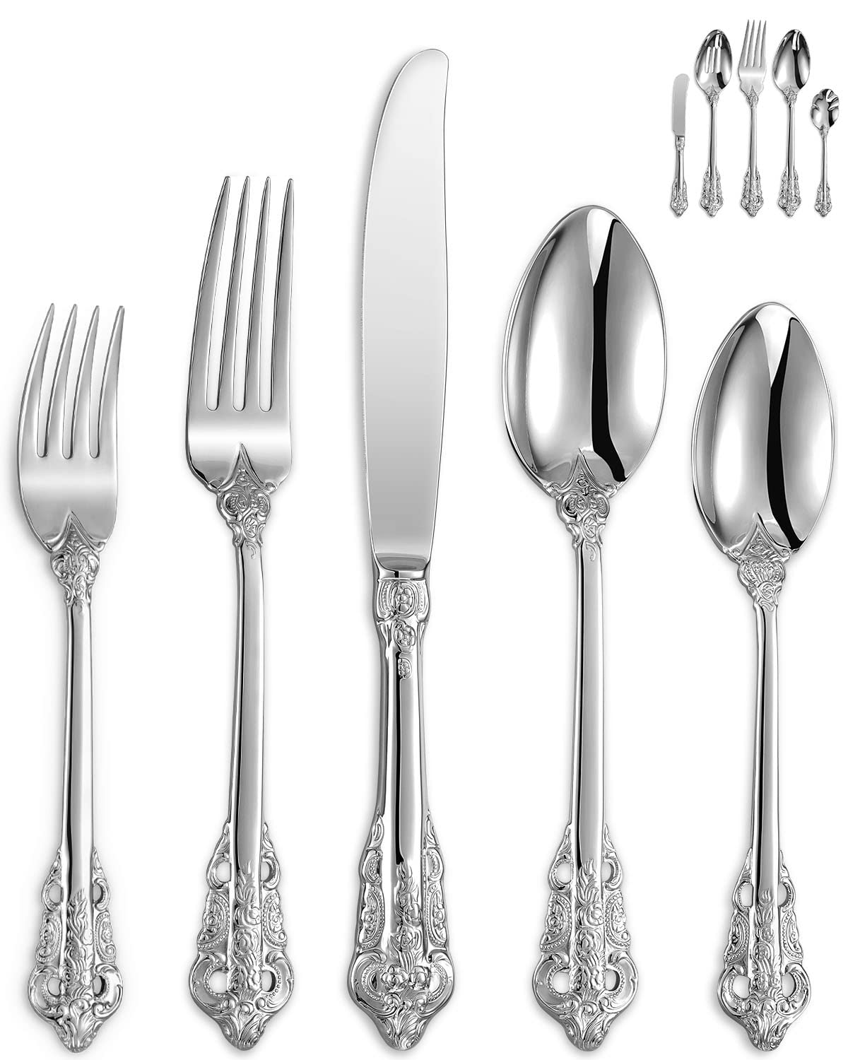 KEAWELL 45-Piece 18/10 Stainless Steel Silverware Set - Service for 8 with Serving Utensils, Mirror Polish Cutlery Set in Antique Baroque Style (Gift Box Included) - Perfect for Fine Dining, Wedding Registry & Luxury Home Decor