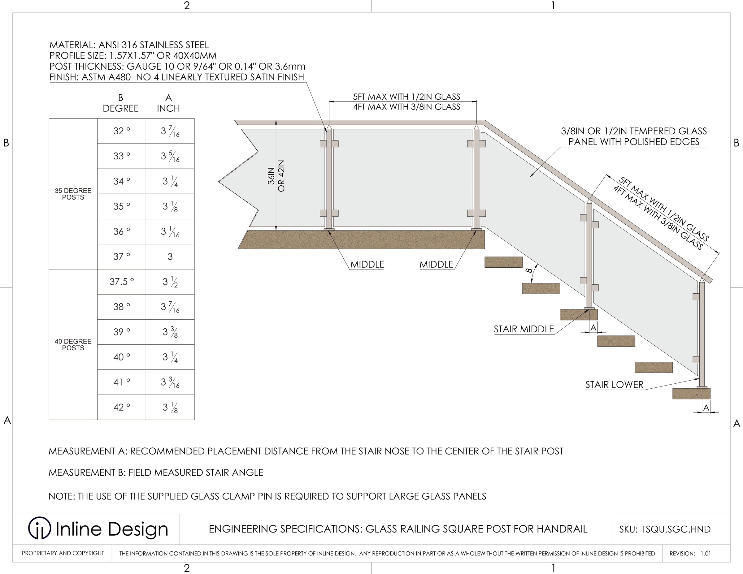 Heavy Duty 316 Stainless Steel Glass Railing Post - Square Surface Handrail Bracket for 3/8