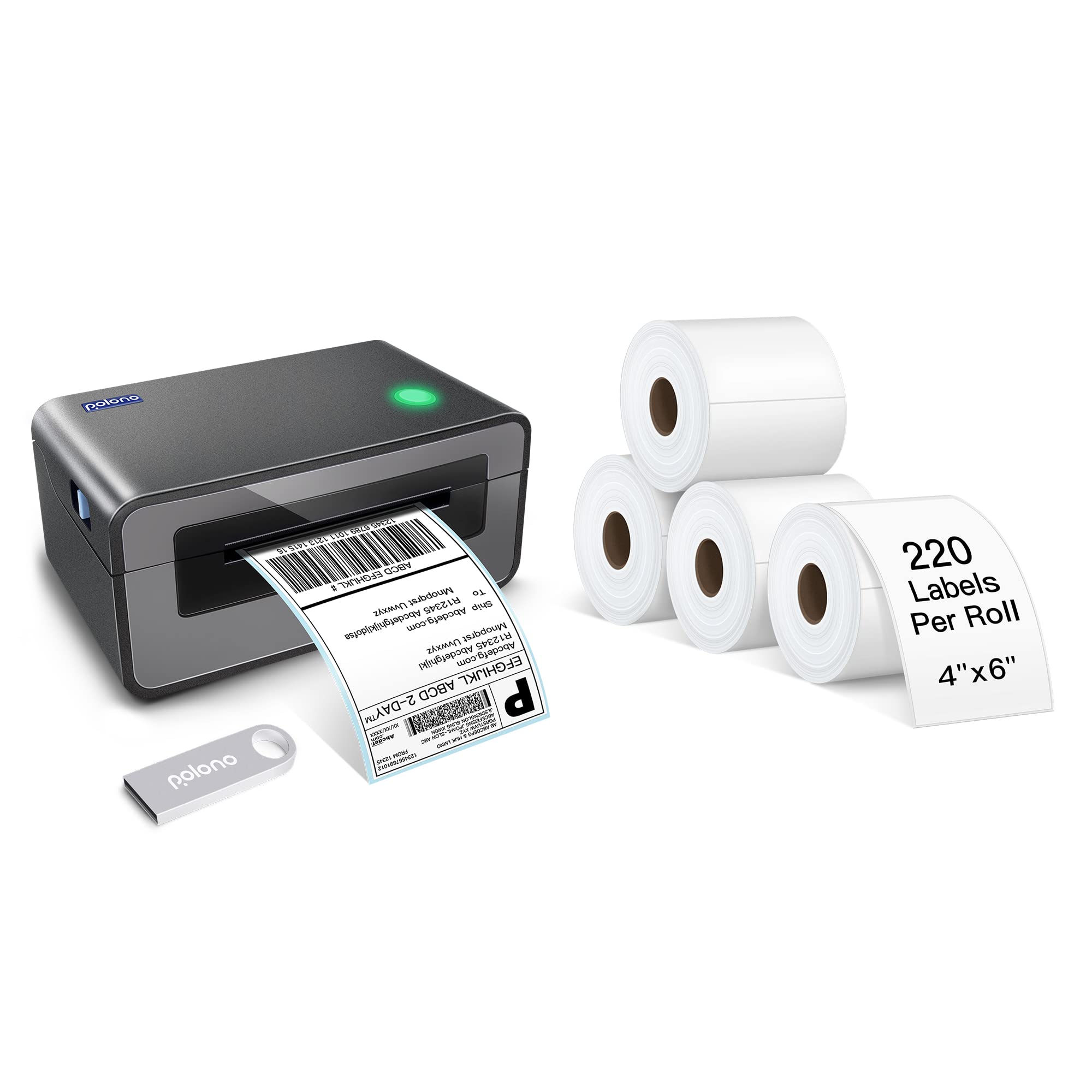 POLONO 4x6 Thermal Shipping Label Printer - Commercial Direct Thermal Label Maker for Packages, 220 Labels x 4 Rolls (Gray) - Perfect for E-commerce, Warehousing & Small Business Shipping Needs