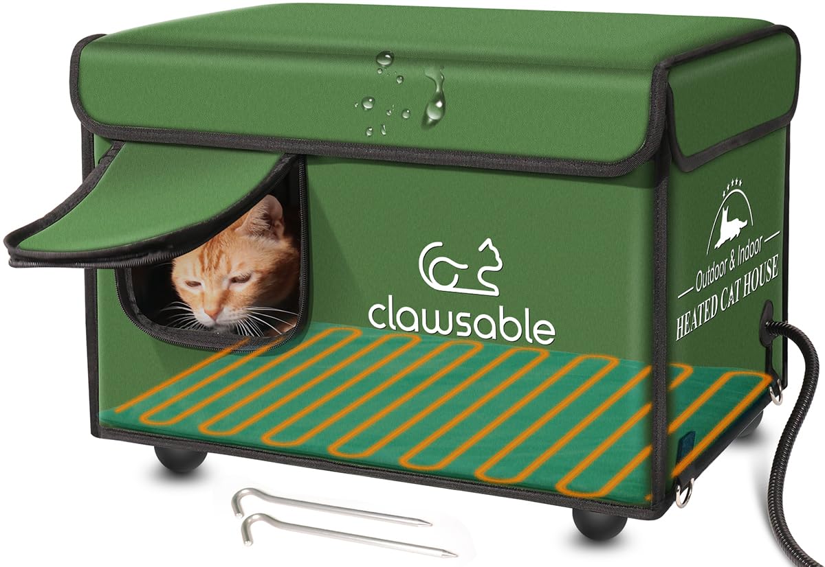 Heated Outdoor Cat House for Winter - Weatherproof Insulated Kitty Shelter with Pet Heating Pad | Waterproof Elevated Feral Cat Bed | Warm Cozy Home for Stray & Barn Cats | Perfect for Backyard, Garage & Porch Use