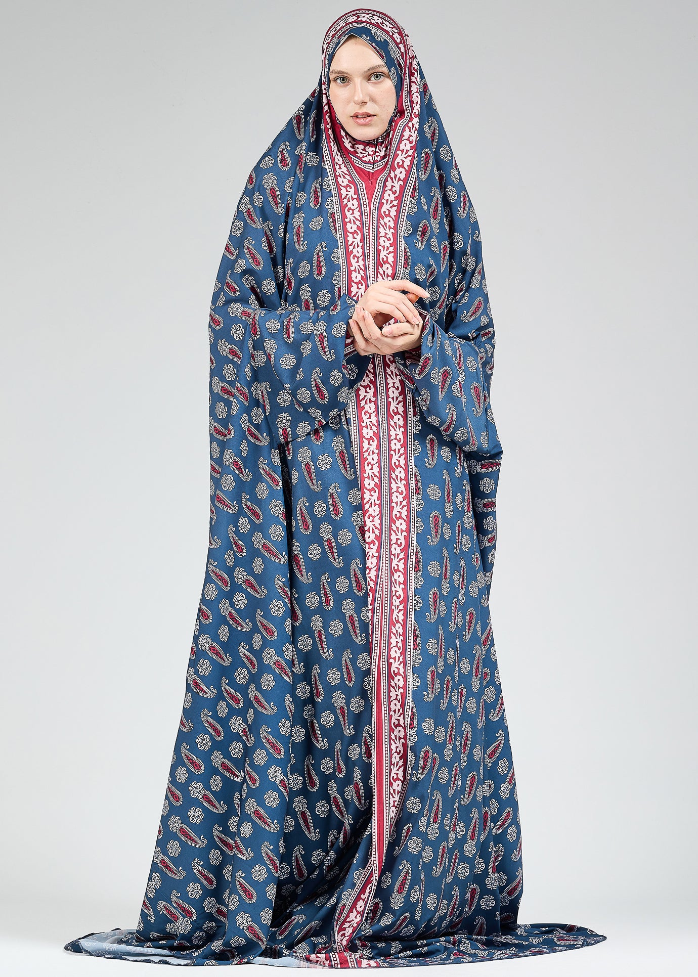 Meera Elegant Satin Prayer Gown with Ornate Paisley Design - Modest Islamic Prayer Dress for Women - Perfect for Salah, Eid, Ramadan & Special Occasions