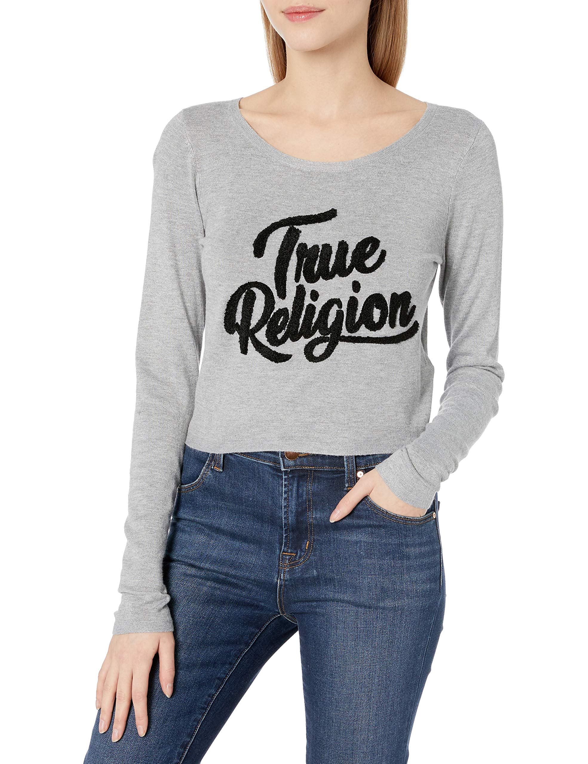 True Religion Women's Chenille Long Sleeve Crewneck Cropped Sweater | Soft & Cozy Pullover Top | Perfect for Fall & Winter Outfits, Casual Wear & Layering