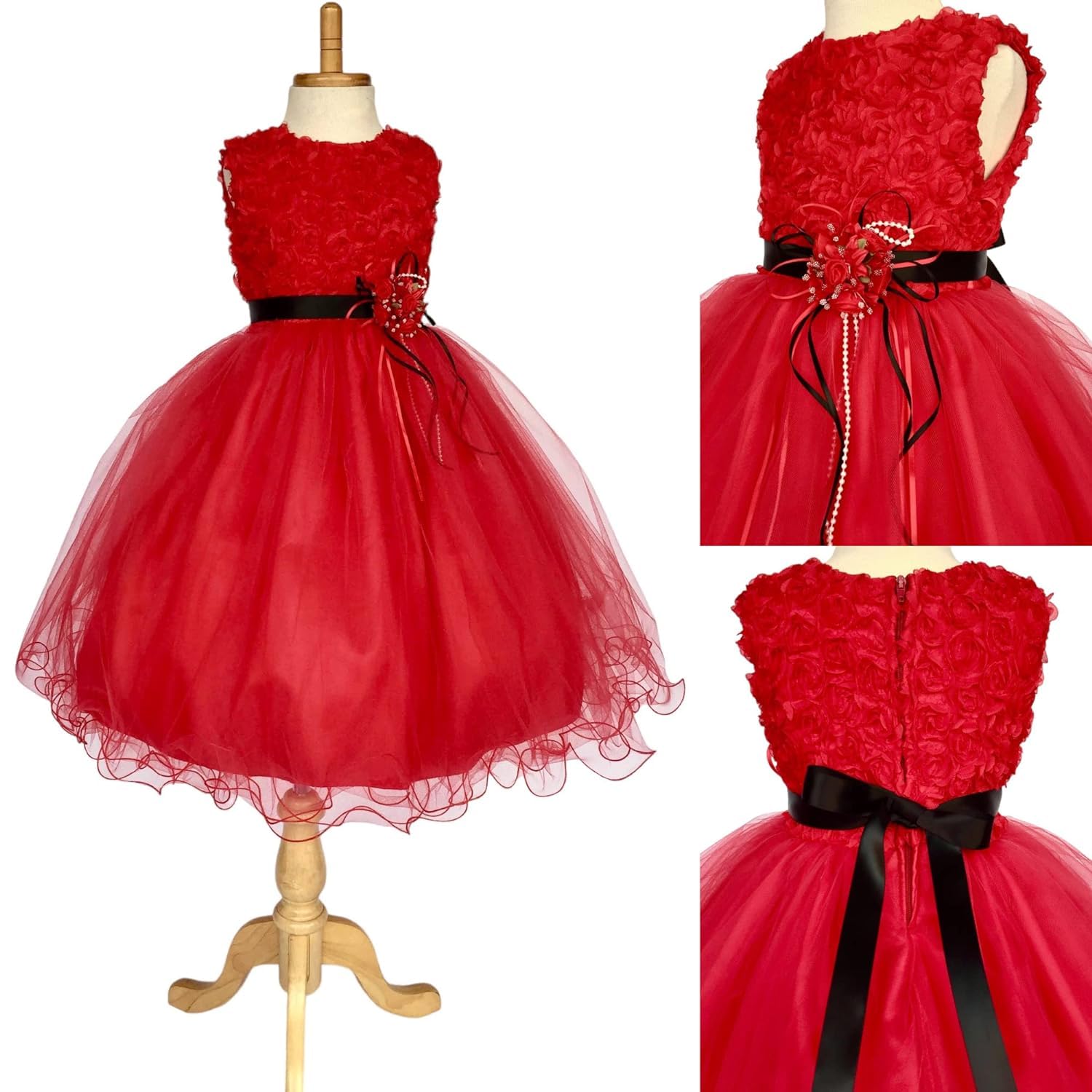 Floral Chiffon Carnation 4-Layer Tulle Flower Girl Dress for Wedding & Pageant - Red (Size 16) | Perfect for Bridal Party, First Communion & Special Occasions