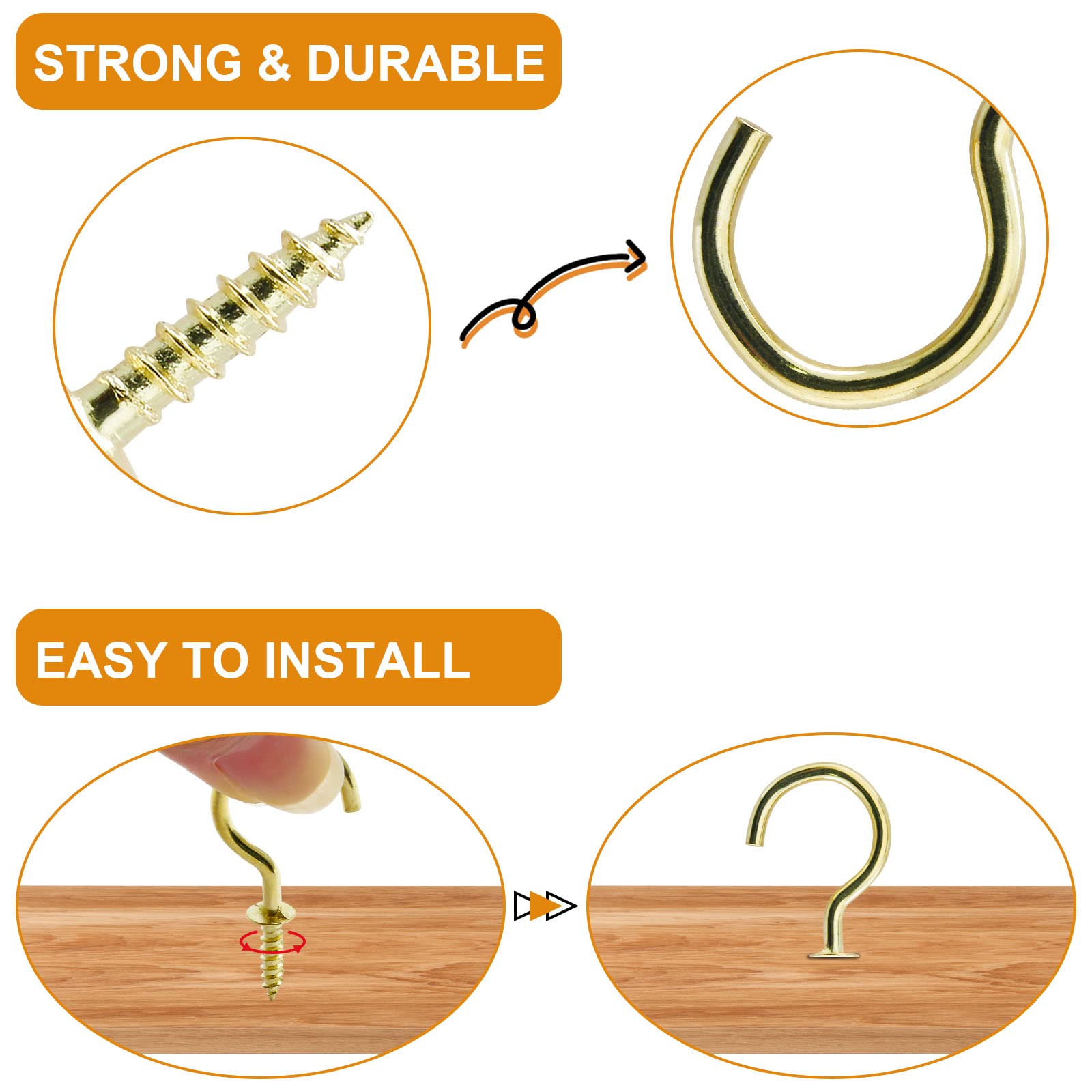 60 Pcs 1 Inch Gold Ceiling Cup Hooks with Self-Tapping Screws - Heavy Duty Hanging Hooks for Plants, Lights, Decorations & Home Organization