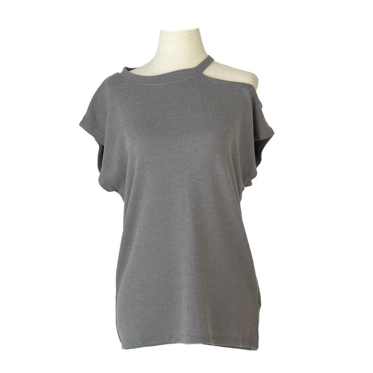 Cloud Grey Ribbed Short Sleeve Cutout Top - Women's Basic Essentials Casual Tee for Summer Outfits, Beach Wear & Date Nights