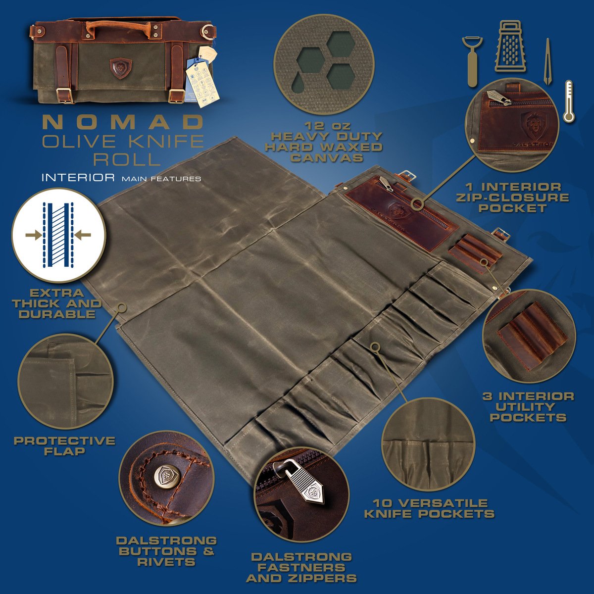 12oz Heavy Duty Canvas & Leather Knife Roll - Army Green - Dalstrong Nomad Series | Perfect for Chefs, Butchers & Culinary Professionals | Portable & Durable Knife Storage Solution