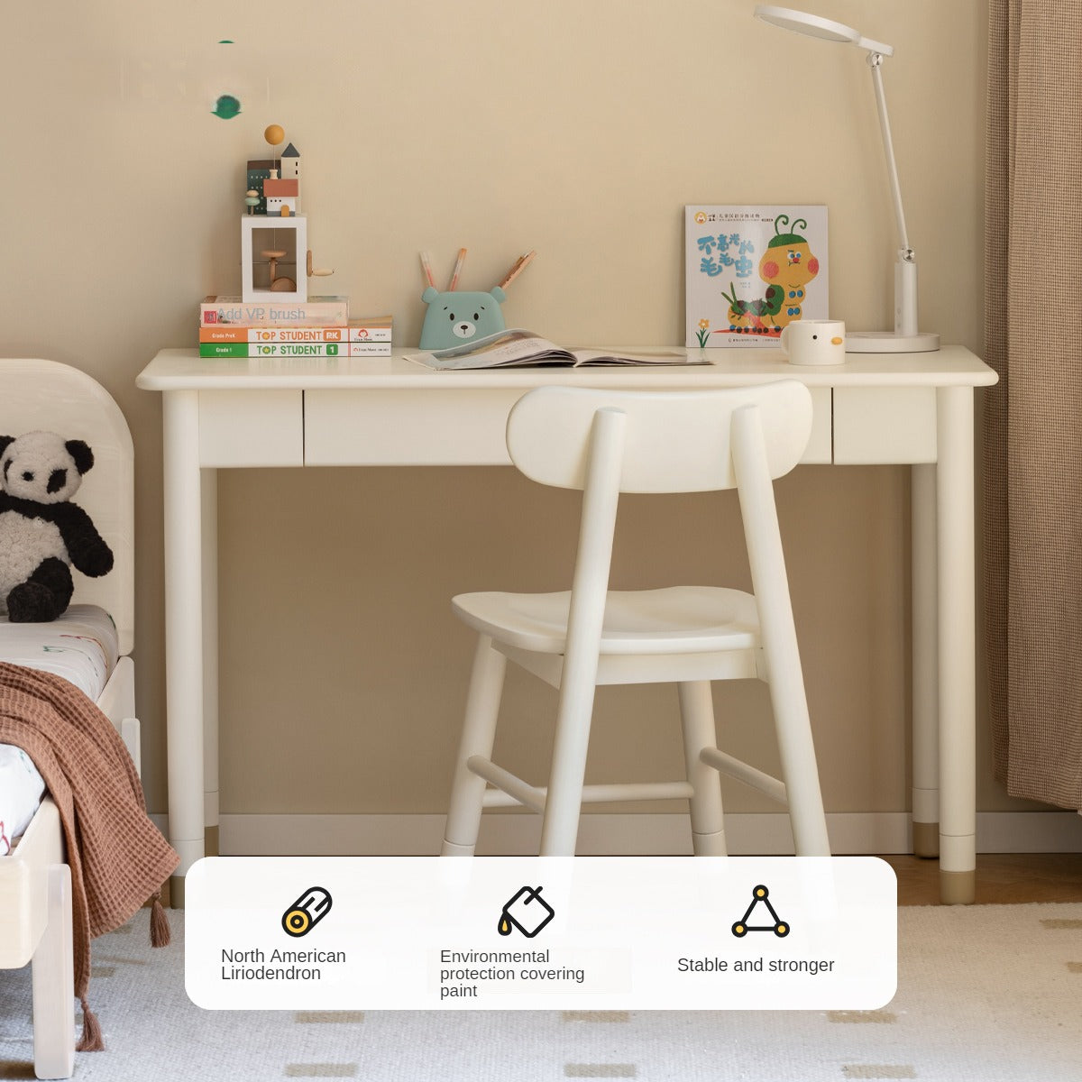 Solid Poplar Wood Kids Height-Adjustable Learning Desk with Cream Drawer - Perfect for Homeschooling, Online Classes & Study Room Organization