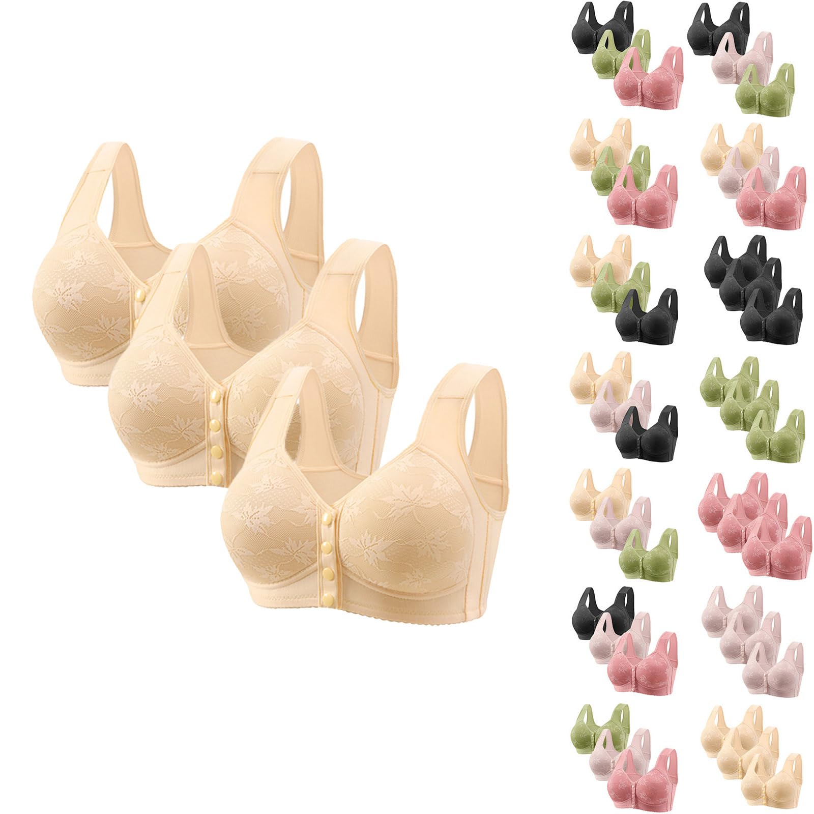 Plus Size Front Closure Bras for Older Women - 3 Pack Wireless Full Coverage Push Up Bra with Daisy Design - Comfortable Support for Daily Wear & Special Occasions 2024