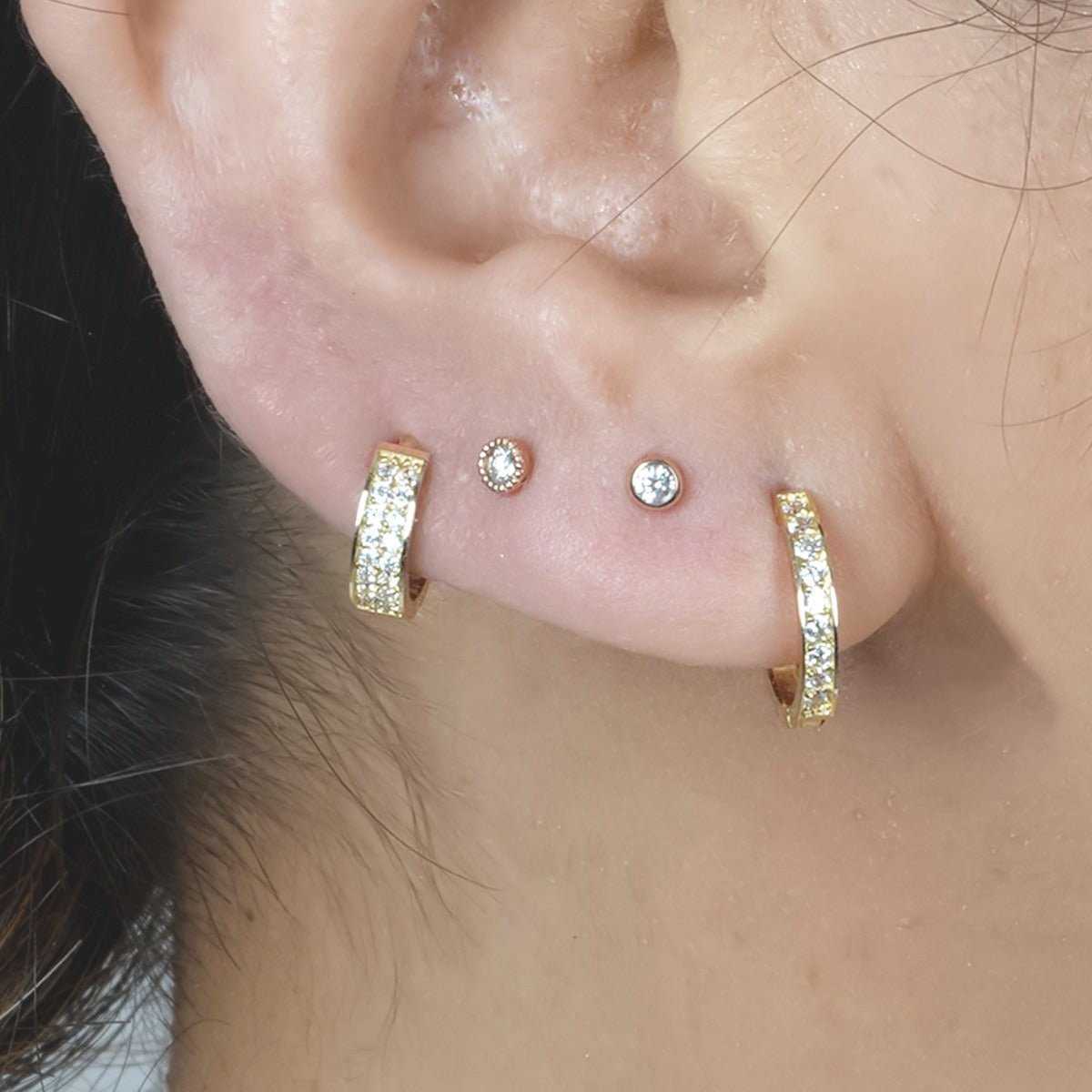 14k Yellow Gold Double Row Pavé Huggie Earrings – Elegant & Dainty Hoop Earrings for Women, Perfect for Everyday Wear, Date Night & Special Occasions