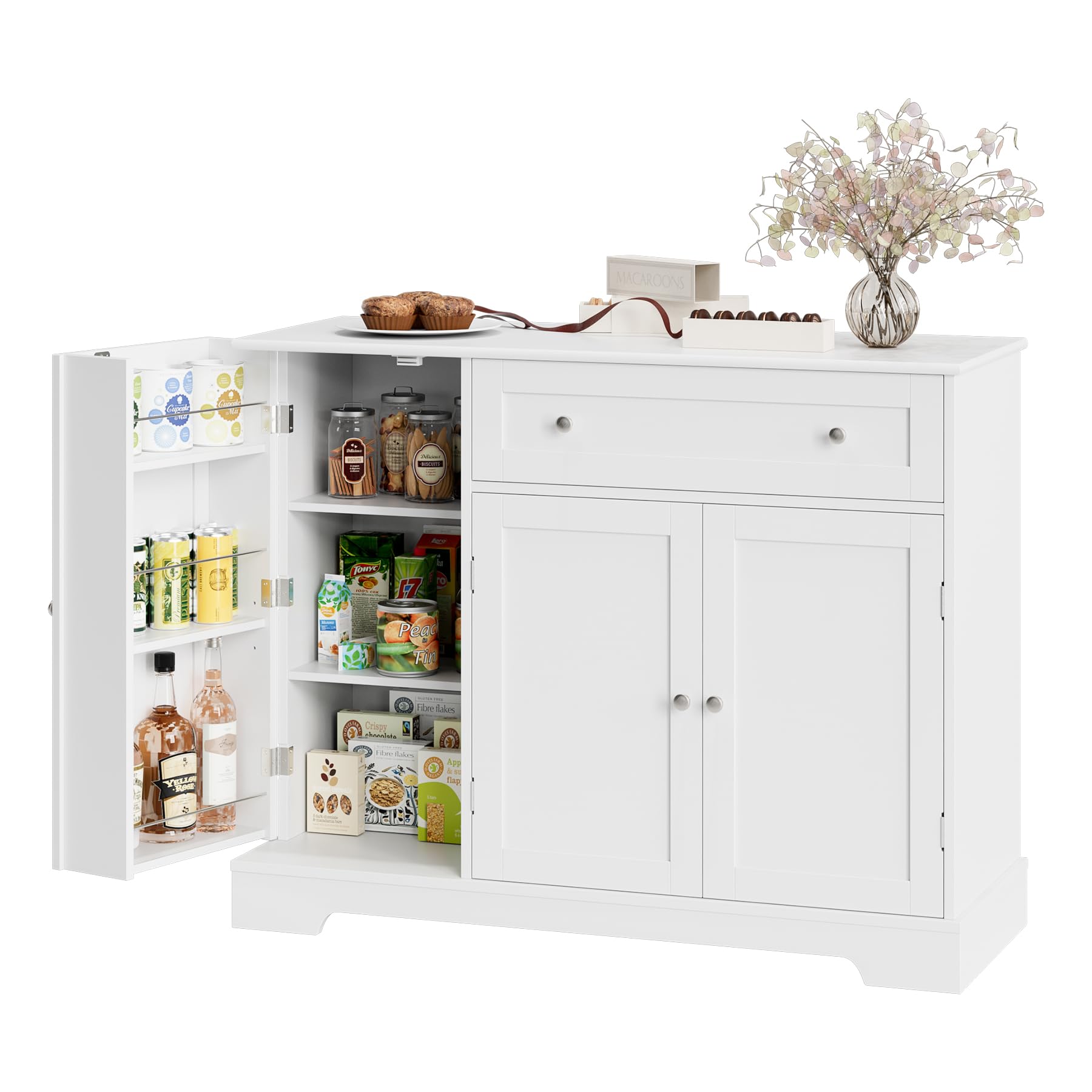 Modern White Buffet Cabinet with Storage - Wooden Sideboard with Doors, Drawers & Adjustable Shelves for Kitchen, Dining & Living Room | Perfect for Coffee Bar Setup, Home Organization & Entertaining Guests