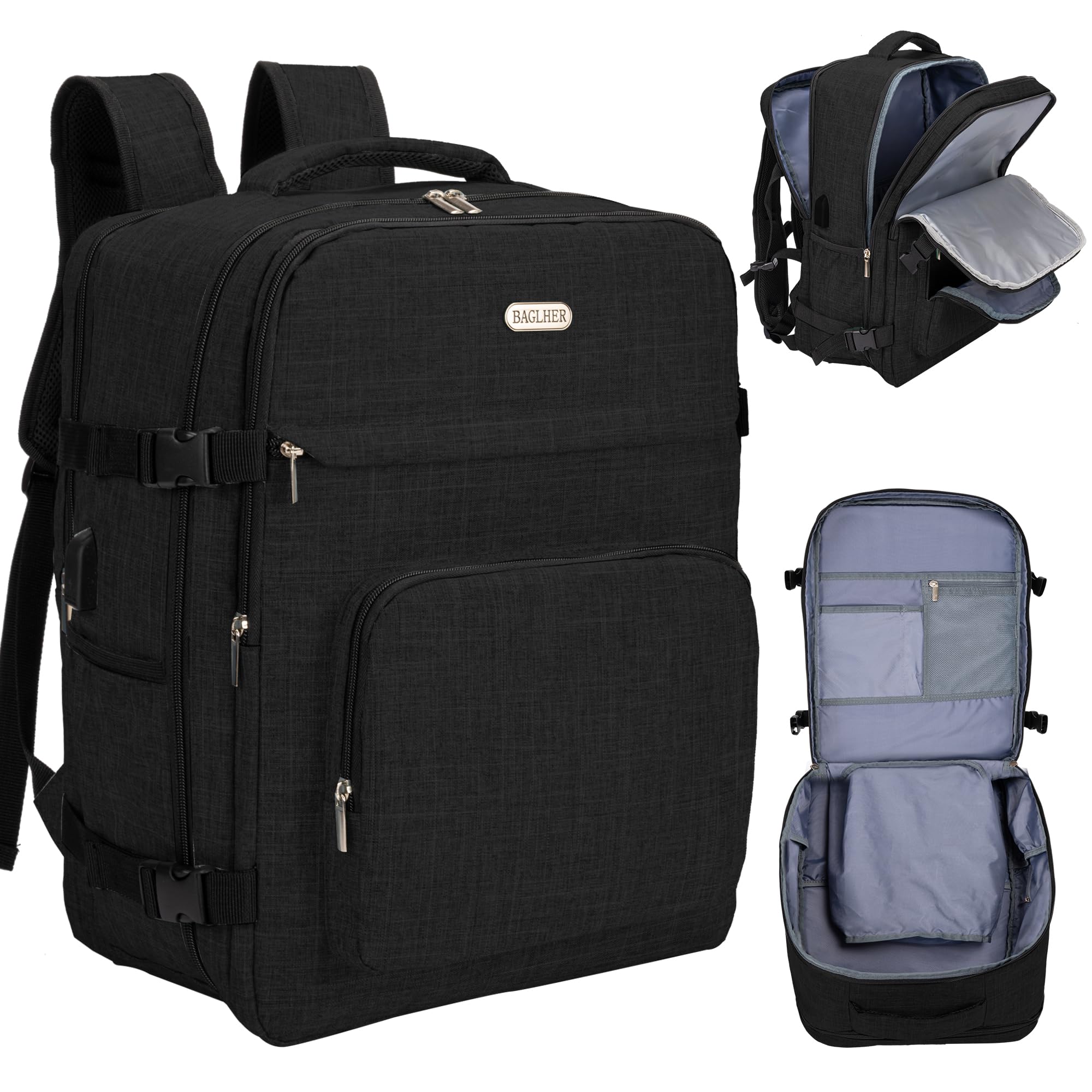 BAGLHER Travel Backpack for Men & Women - Waterproof Carry On Laptop Backpack with USB Charging Port & Shoe Compartment - Flight Approved Business Backpack for Air Travel, Hiking, Commuting & Outdoor Adventures (Black)