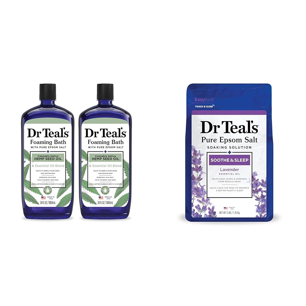 Dr Teal's Foaming Bath with Epsom Salt & Hemp Seed Oil (2X 34 fl oz) + Lavender Epsom Salt Soaking Solution (3 lbs) - Relaxing Muscle Soak for Stress Relief & Better Sleep