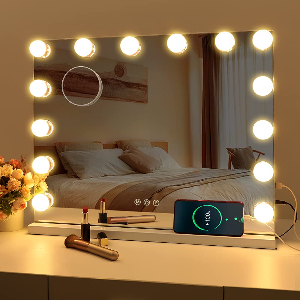 FENCHILIN Hollywood Vanity Mirror with Lights - 14 Dimmable LED Bulbs, Adjustable Brightness, Slim Metal Frame, Tabletop or Wall Mounted Makeup Mirror for Dressing Room & Bedroom (White) - Perfect for Makeup Application, Skincare Routine, and Home Decor