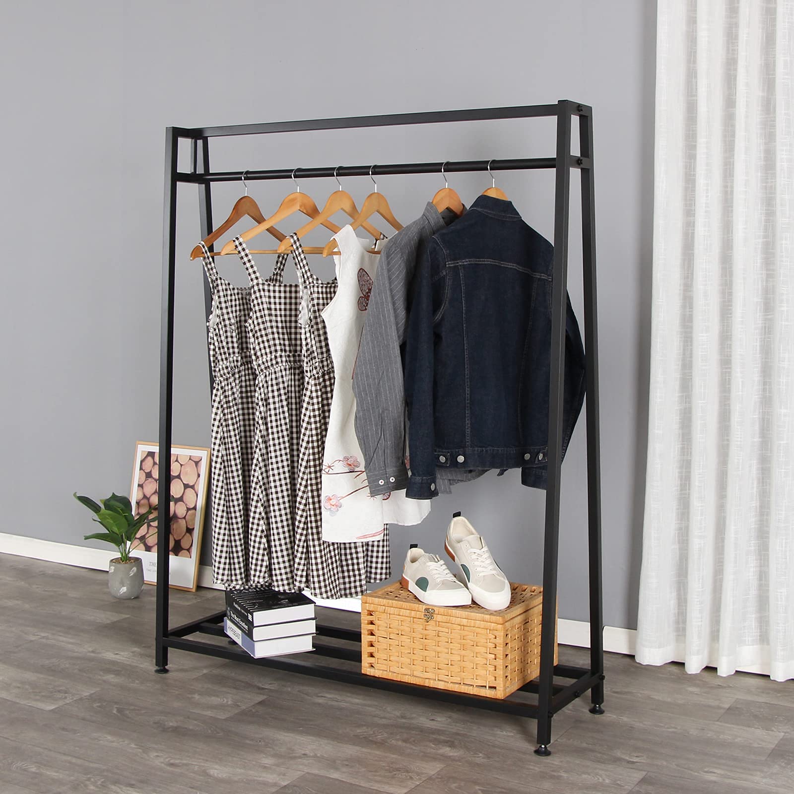 SSS Furniture Heavy-Duty Metal Garment Rack with Shelves - Freestanding Clothes Hanger Organizer for Bedroom, Boutique & Laundry Room - Easy Assembly Clothing Drying Rack for Hanging Shirts, Pants & Dresses (Black)
