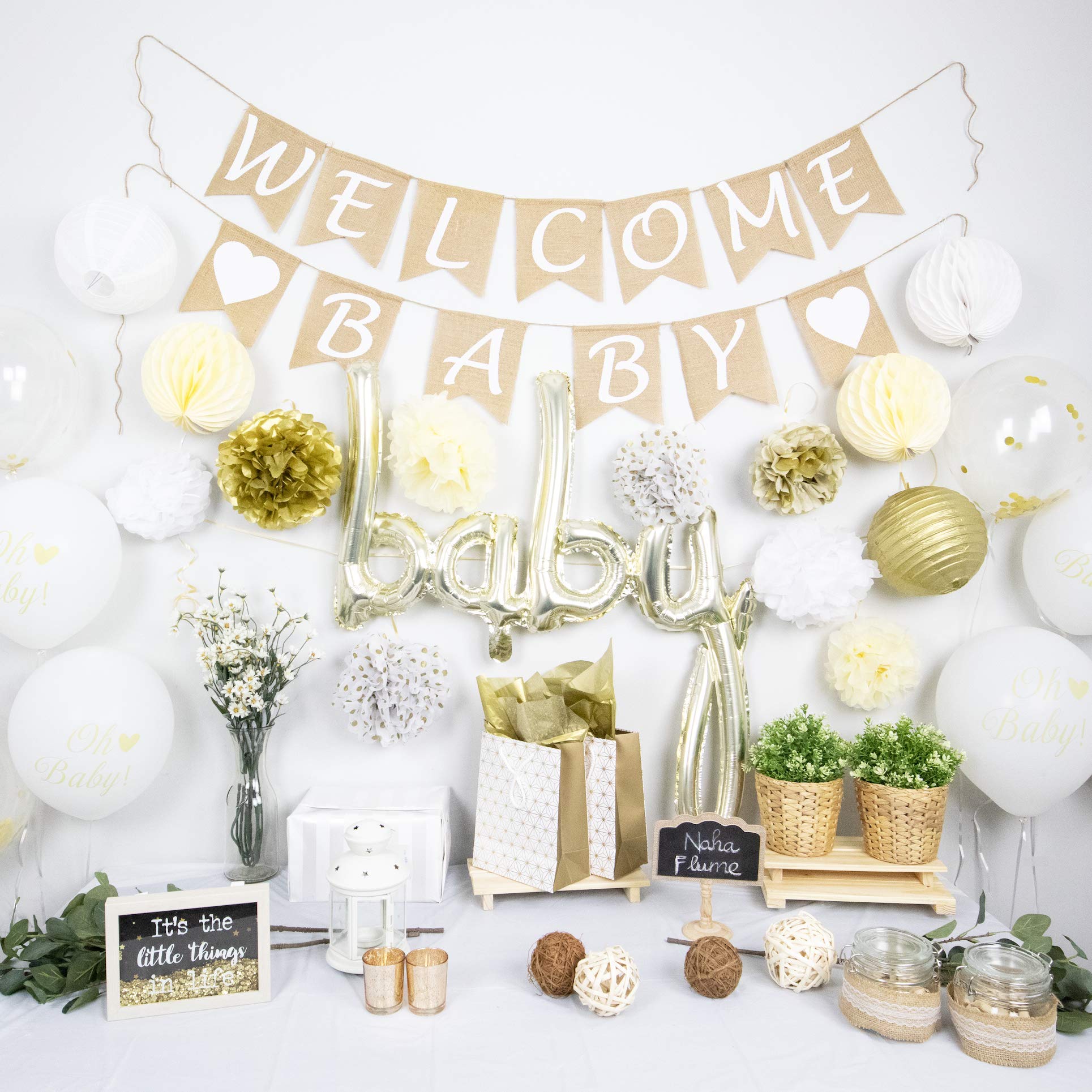 40-Piece Neutral Baby Shower Decorations Set - Rustic Burlap Welcome Banner with Gold Accents | Gender-Neutral Nursery Decor for Baby Showers, Gender Reveals & Newborn Celebrations