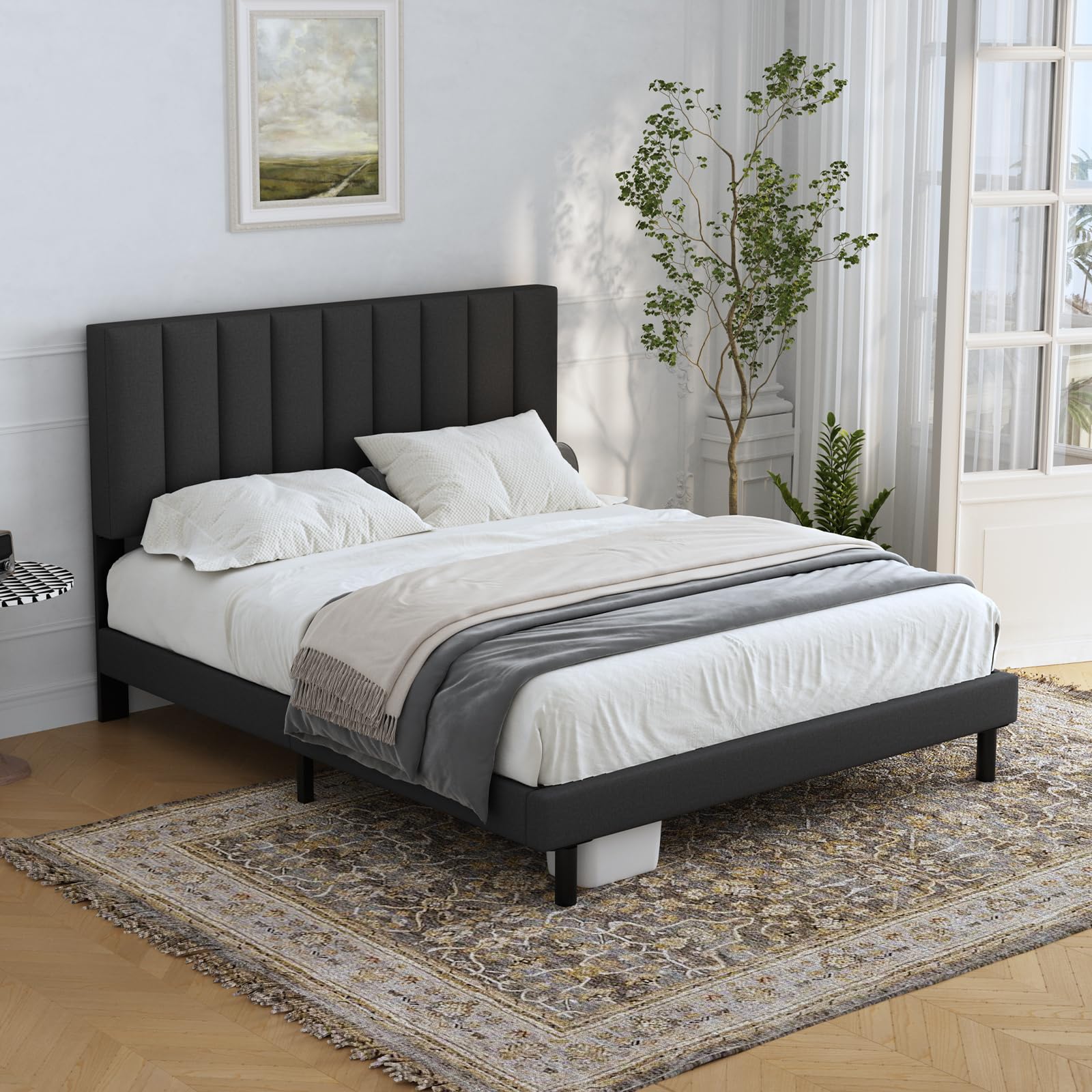 Lukace Queen Bed Frame with Upholstered Headboard - Sturdy Wood Platform Bed, No Box Spring Needed, Easy Assembly, Non-Slip & Noise-Free - Perfect for Modern Bedrooms, Guest Rooms & Small Spaces (Queen Size, Gray)