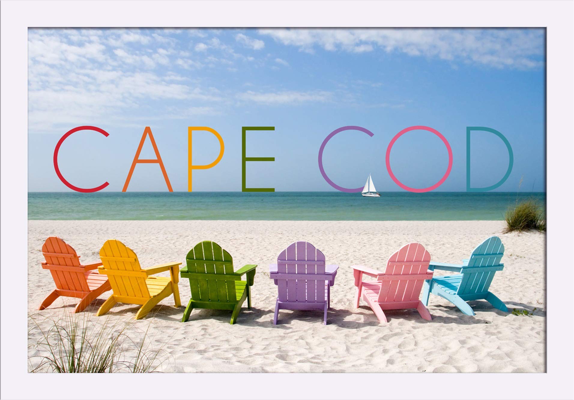 Colorful Beach Chairs Cape Cod Massachusetts - 16x24 Inch Giclee Fine Art Print with Recycled Wood Frame in White | Perfect for Coastal Home Decor, Beach House Wall Art, and Nautical Themed Living Spaces