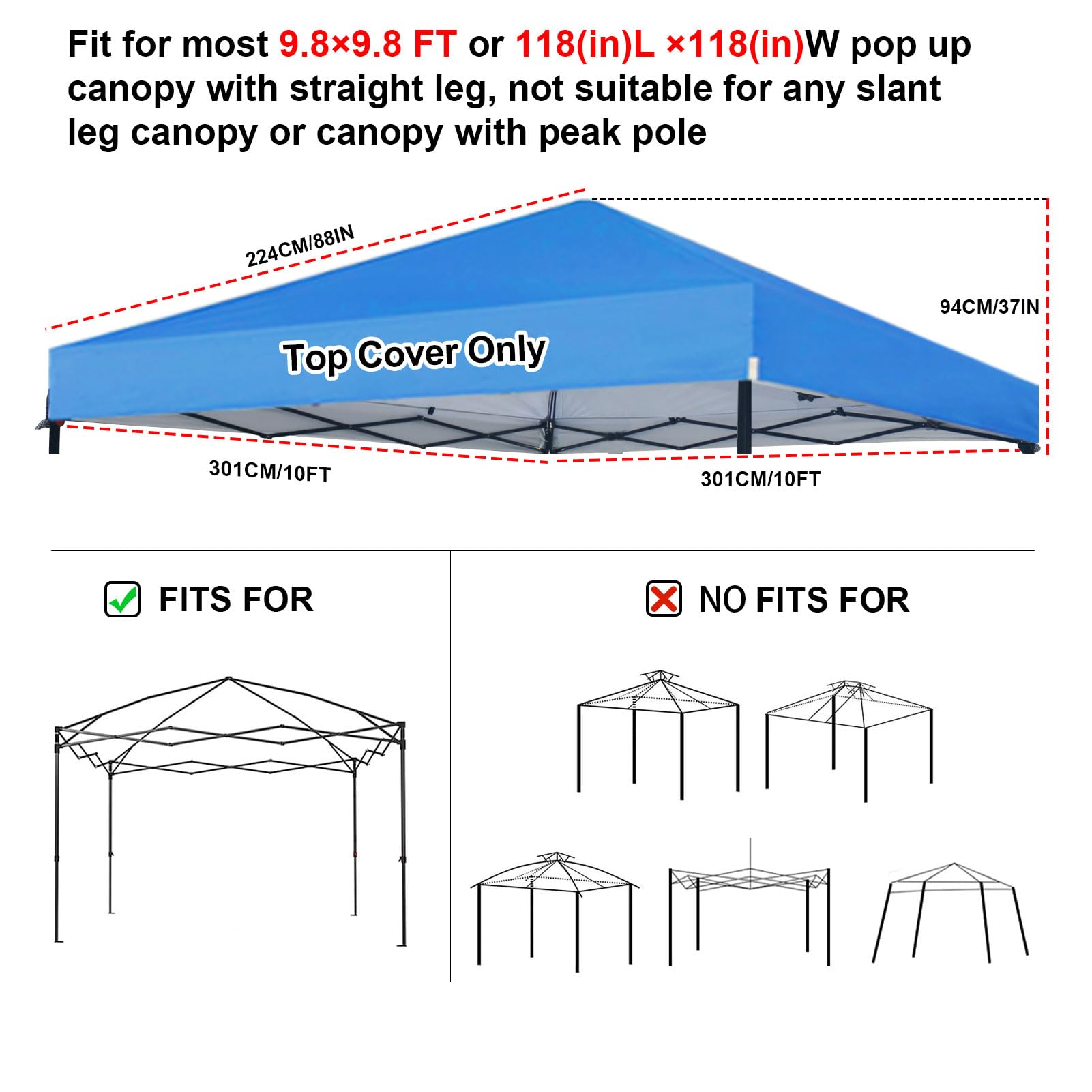10x10 Canopy Replacement Top - Waterproof Pop Up Tent Cover with Ropes, Silver Coated Sunshade for Outdoor, Camping, Garden & Patio Use - Perfect for BBQs, Beach Trips and Backyard Parties (Blue)
